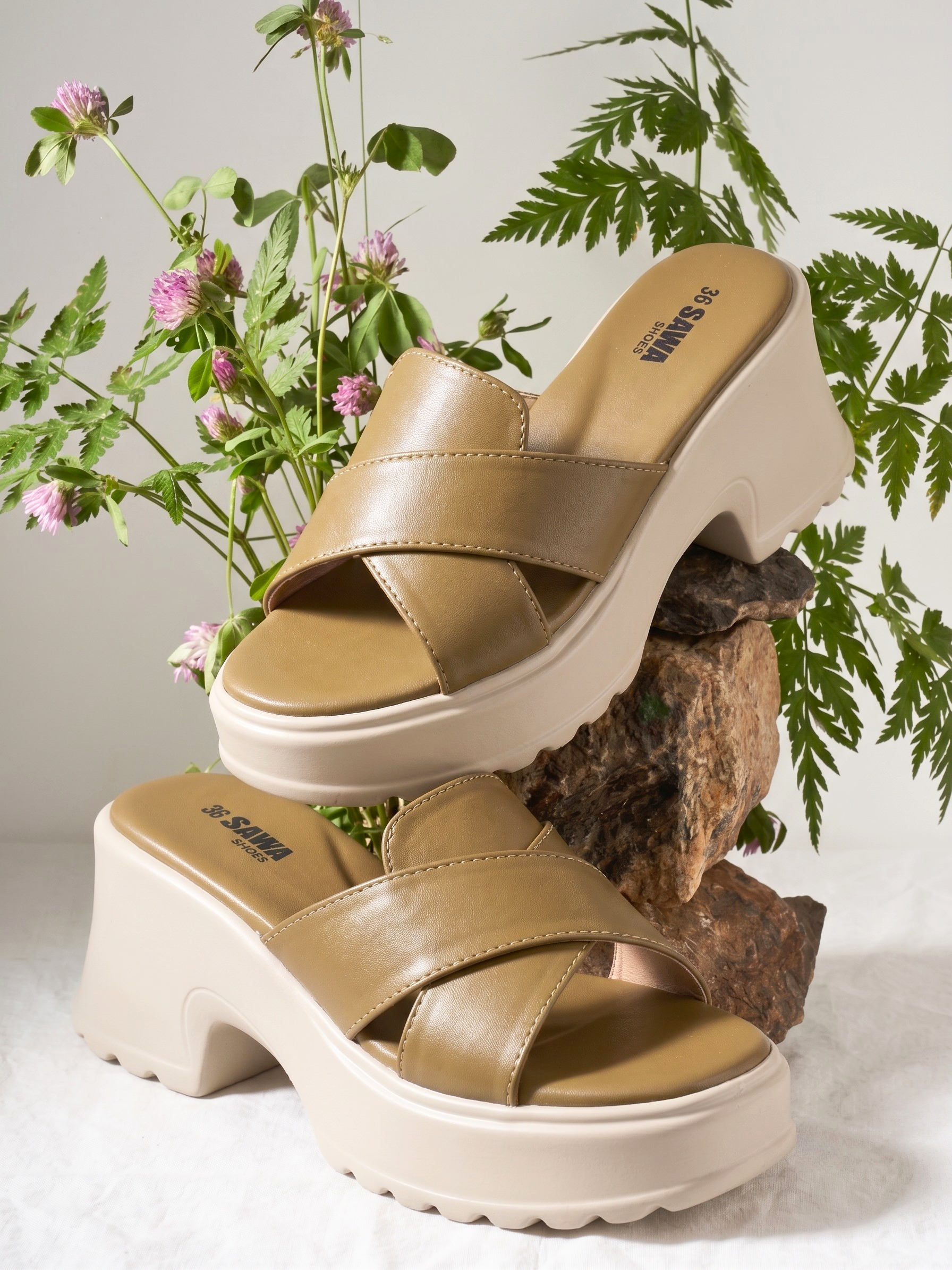 Olive comfort platform heels for women with open toe, crossover straps and ivory chunky sole