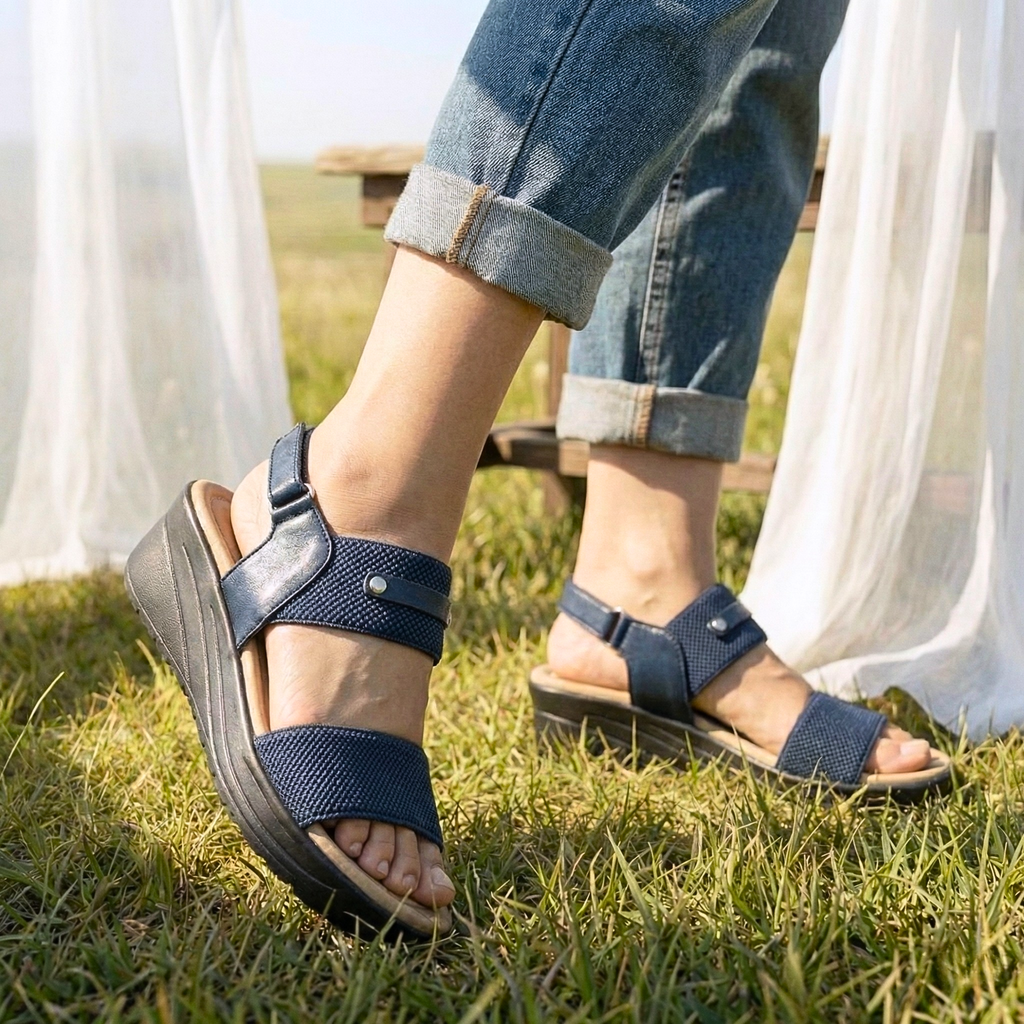 A pair of Sawa Shoes blue multi-strap wedge sandals with a chunky platform sole and a modern six-strap caged design, ideal for Pakistani women's fashion