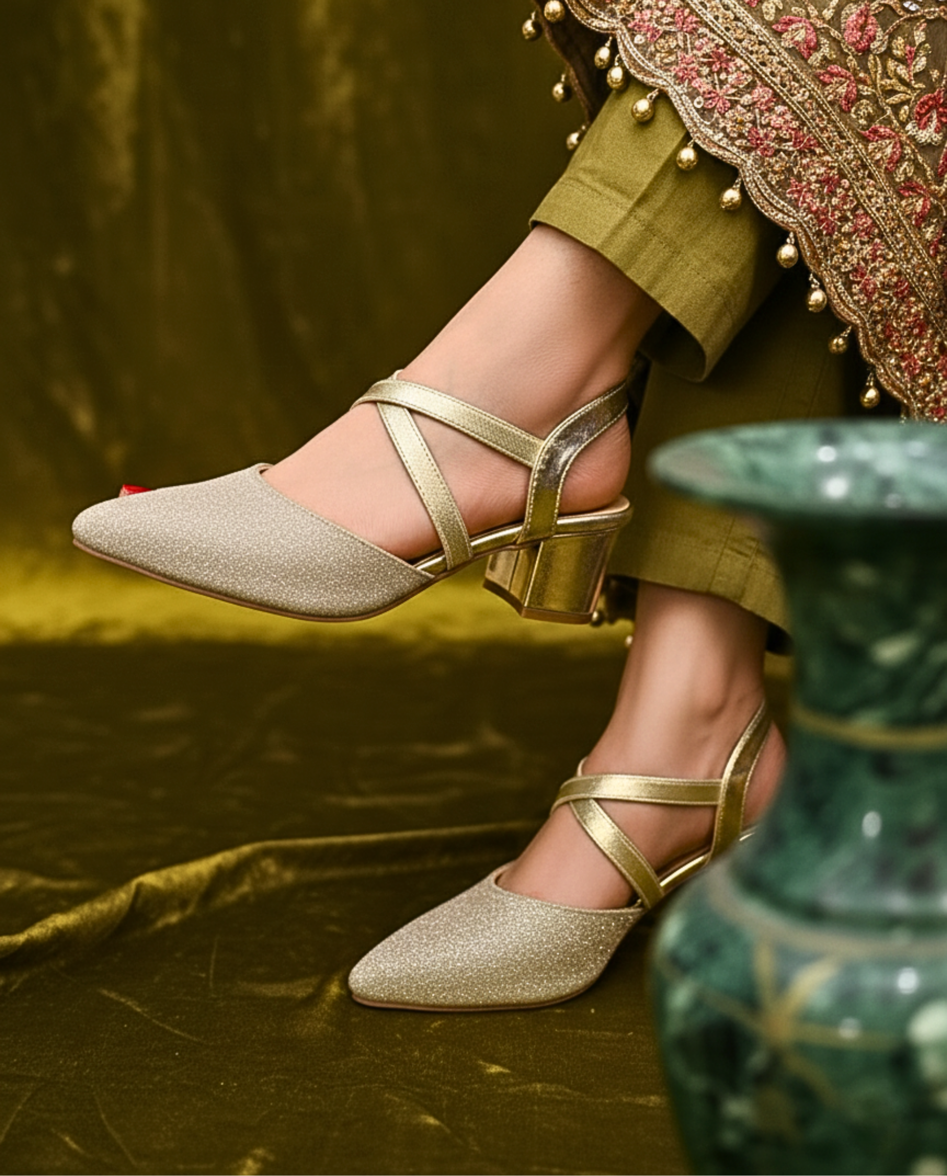 Golden Criss-Cross Shimmer Heels 517 G