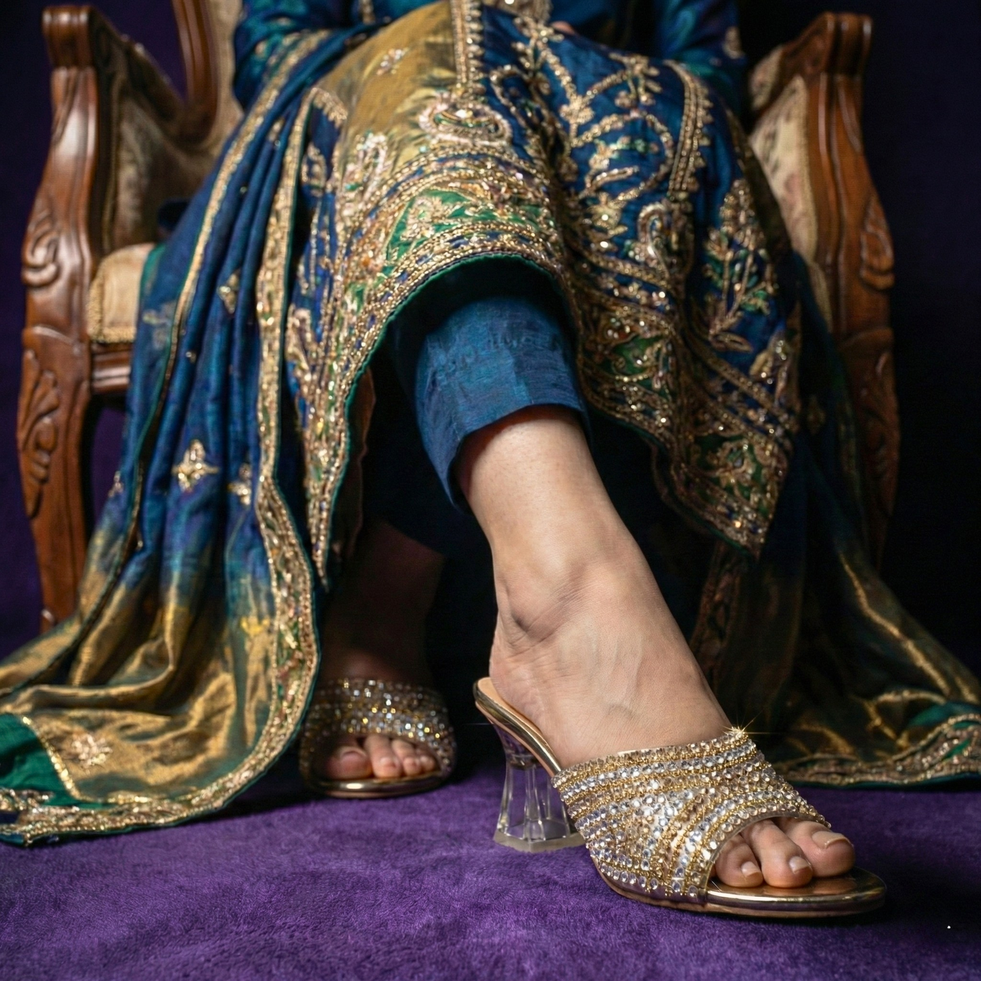The Couture Glow Block: Champagne gold rhinestone-encrusted luxury block heels for Pakistani bridal and festive wear
