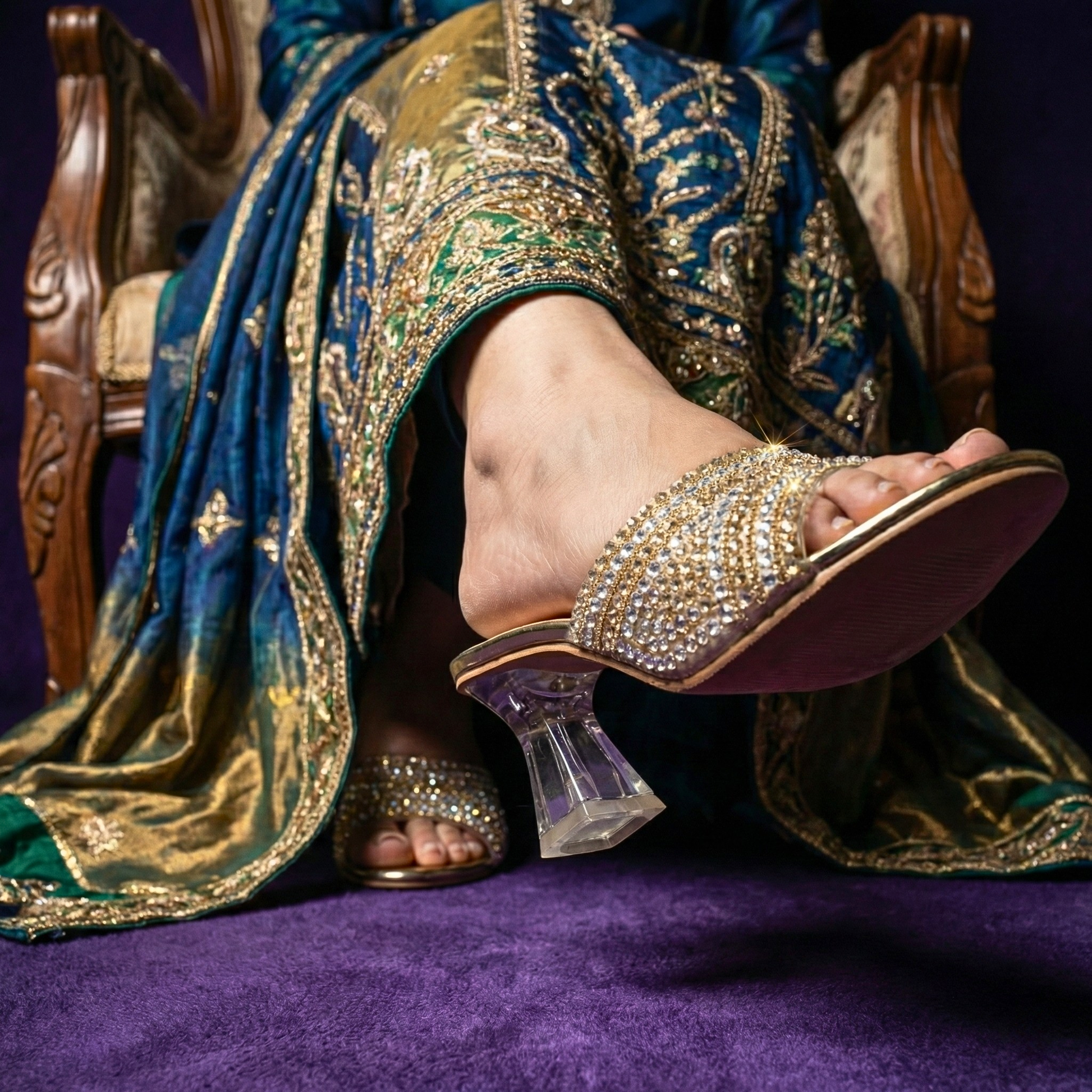 The Couture Glow Block: Champagne gold rhinestone-encrusted luxury block heels for Pakistani bridal and festive wear