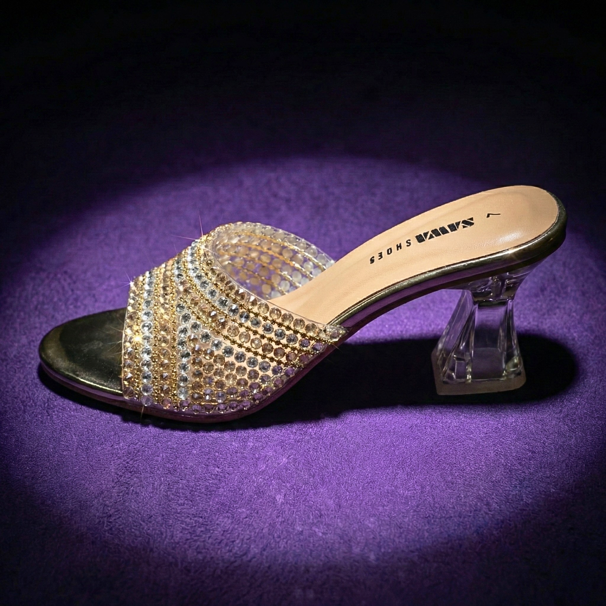 The Couture Glow Block: Champagne gold rhinestone-encrusted luxury block heels for Pakistani bridal and festive wear