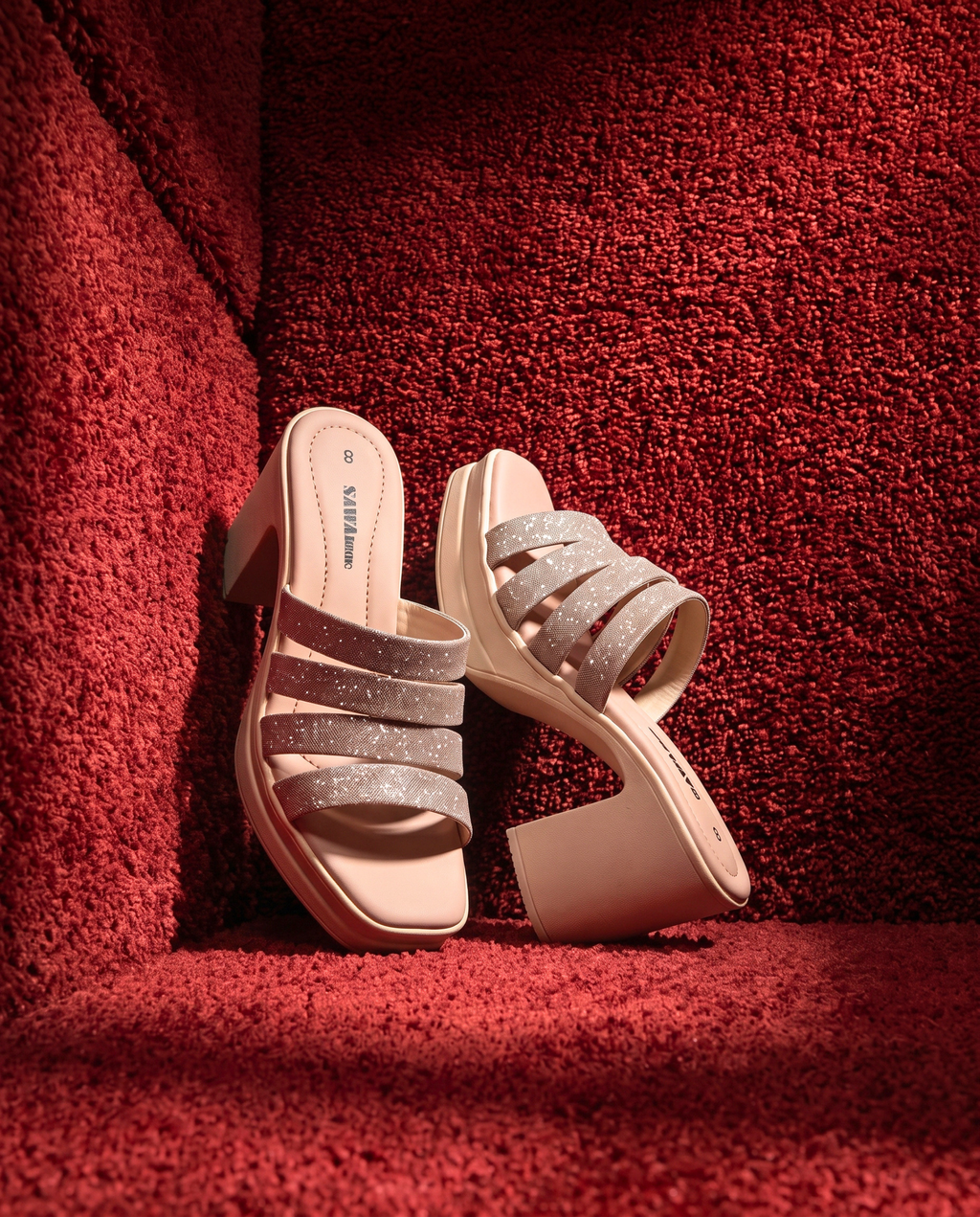 Silver glitter block heels for women with four sparkling straps and nude platform sole