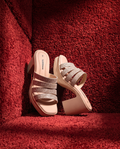 Silver glitter block heels for women with four sparkling straps and nude platform sole