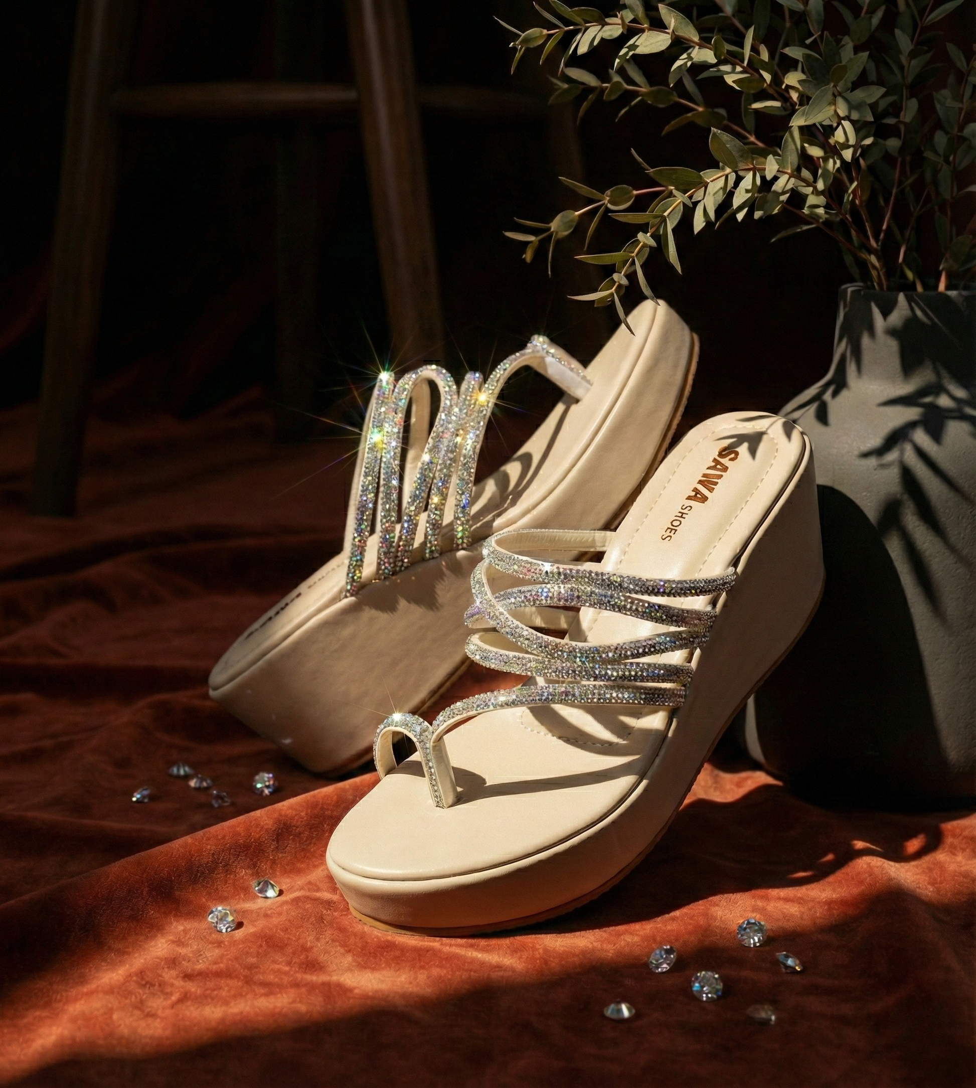 BEIGE bridal wedges paired with a designer Pakistani sharara dress, perfect for Mehndi or Walima ceremonies.