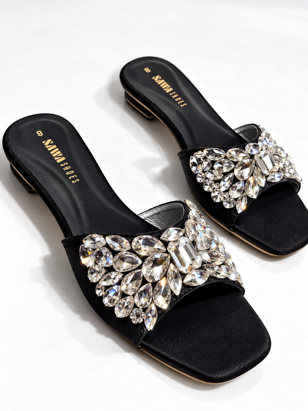 Black Satin Jewel Slides 613 BK