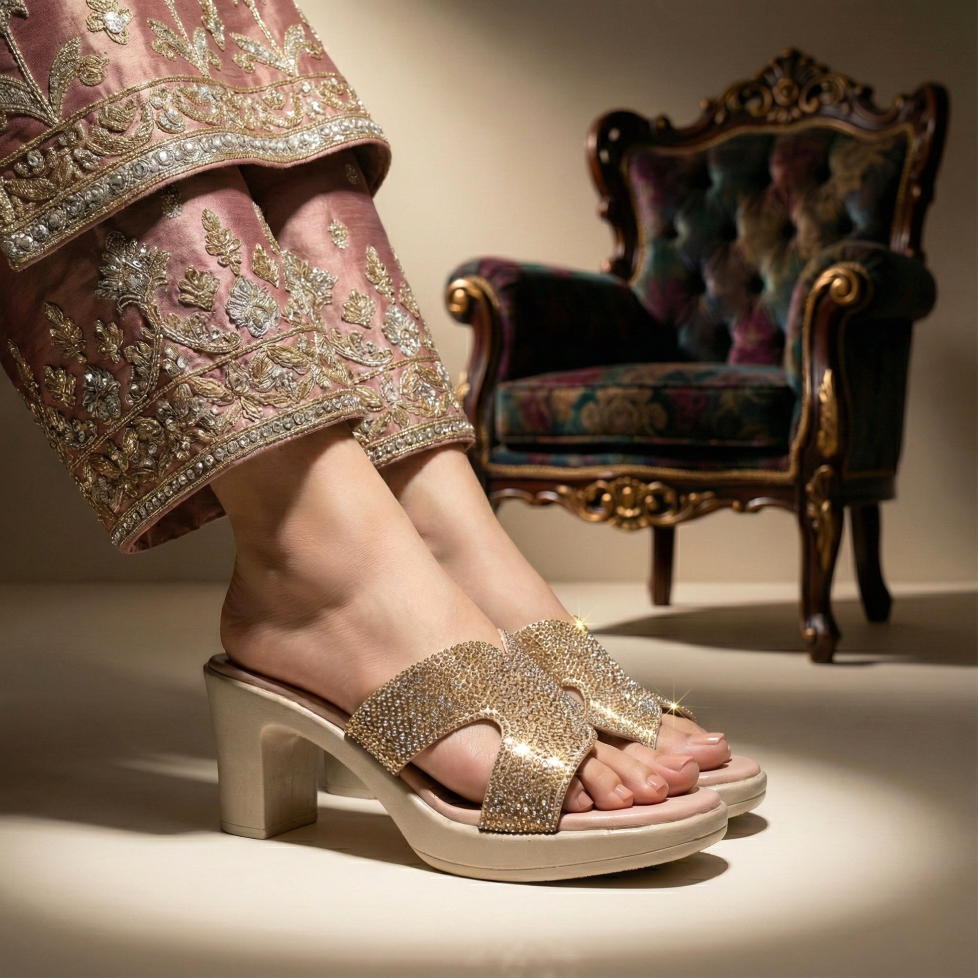 Person wearing rhinestone sandals and pink embroidered pants 