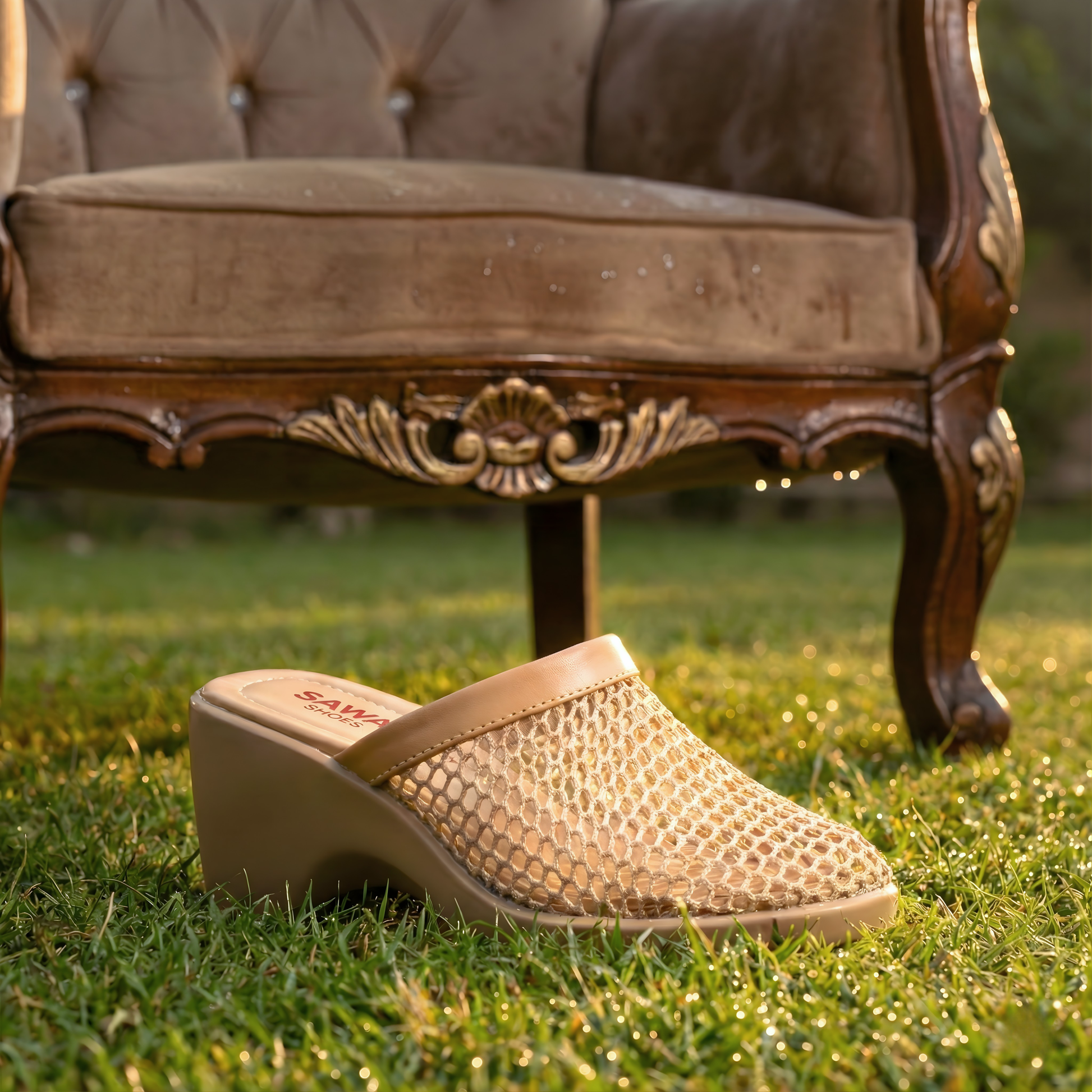 Beige sandal with sawa branding on grass in front of a decorative chair.