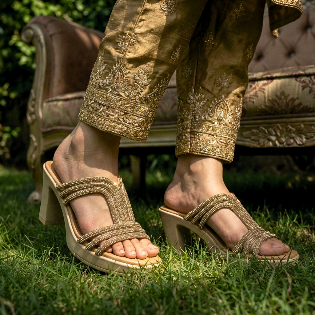 Stardust Block Heels Pakistan - Golden fancy ladies chappal with block heel and crystal stone work. Comfortable bridal and party wear footwear