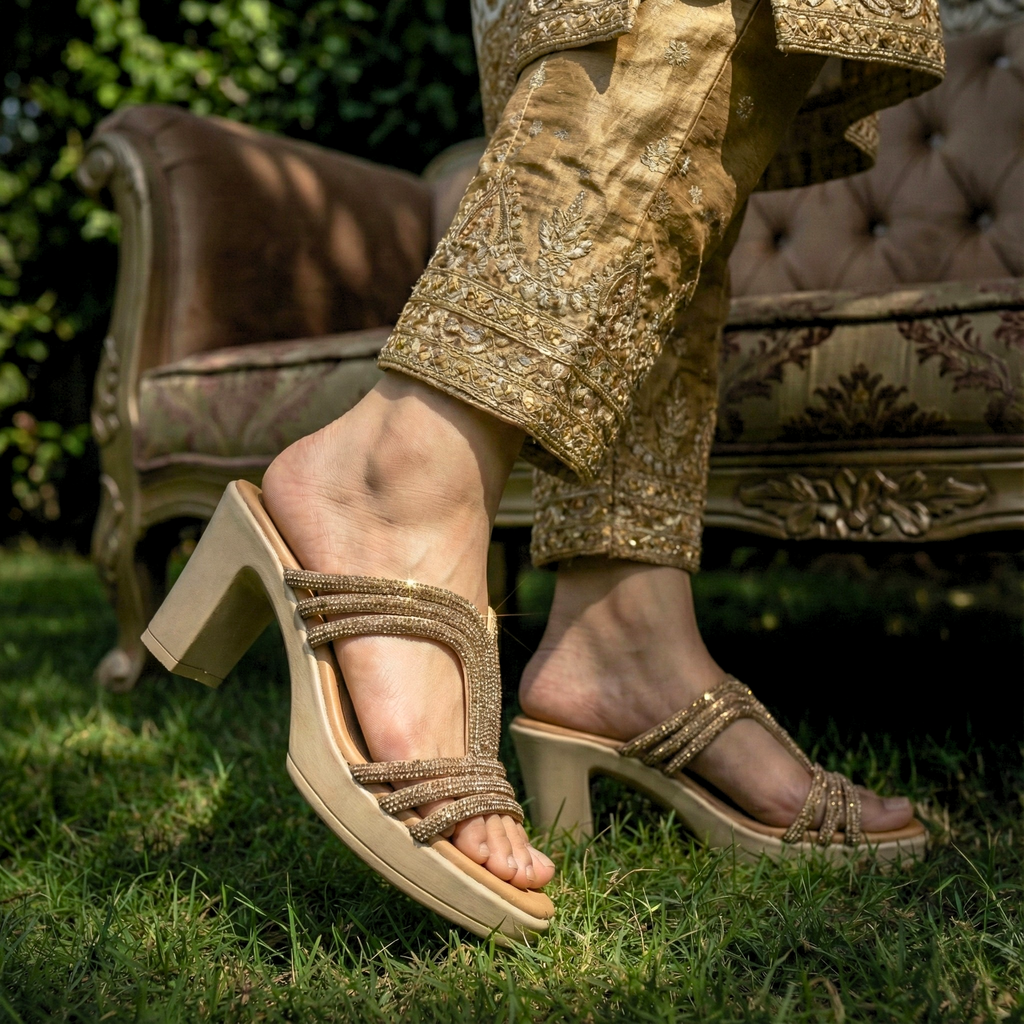 Stardust Block Heels Pakistan - Golden fancy ladies chappal with block heel and crystal stone work. Comfortable bridal and party wear footwear