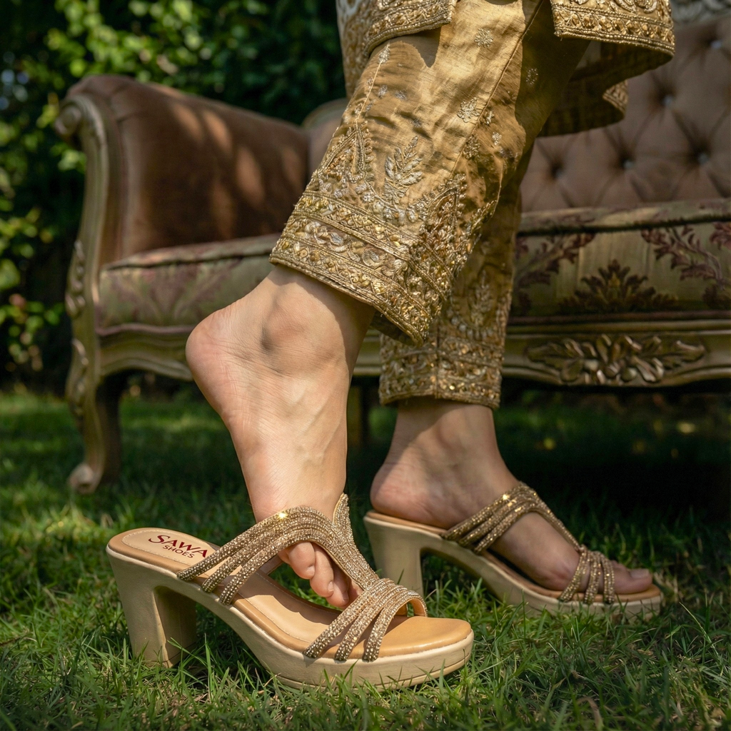 Stardust Block Heels Pakistan - Golden fancy ladies chappal with block heel and crystal stone work. Comfortable bridal and party wear footwear