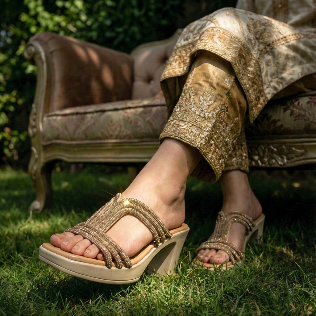 Stardust Block Heels Pakistan - Golden fancy ladies chappal with block heel and crystal stone work. Comfortable bridal and party wear footwear