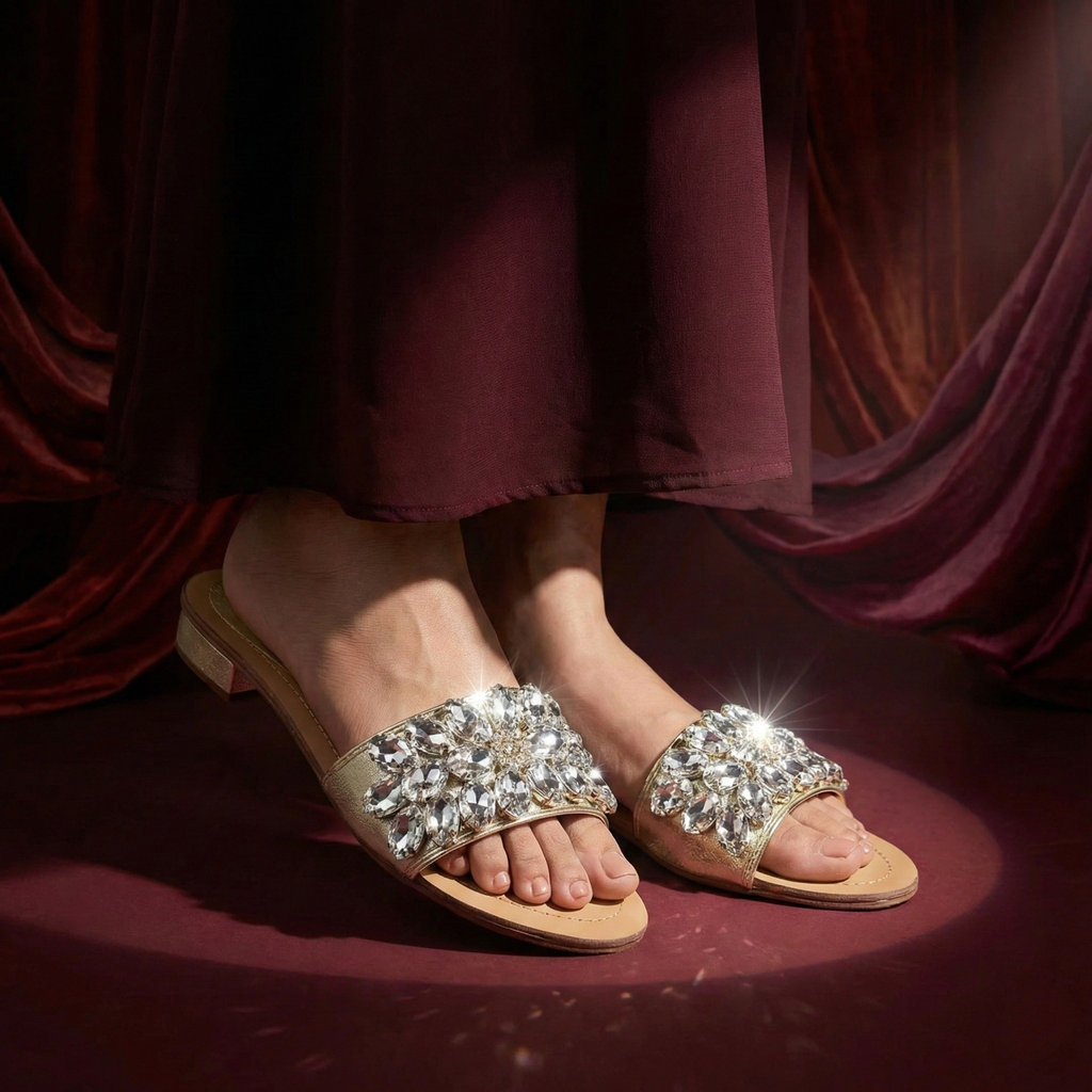 Pair of embellished sandals on a red fabric background