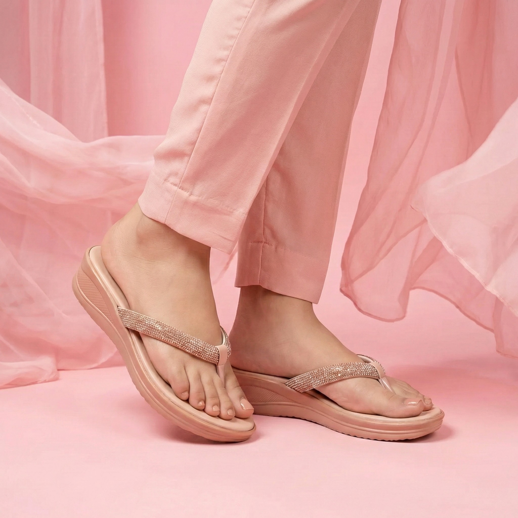 Person wearing pink sandals with a soft pink background