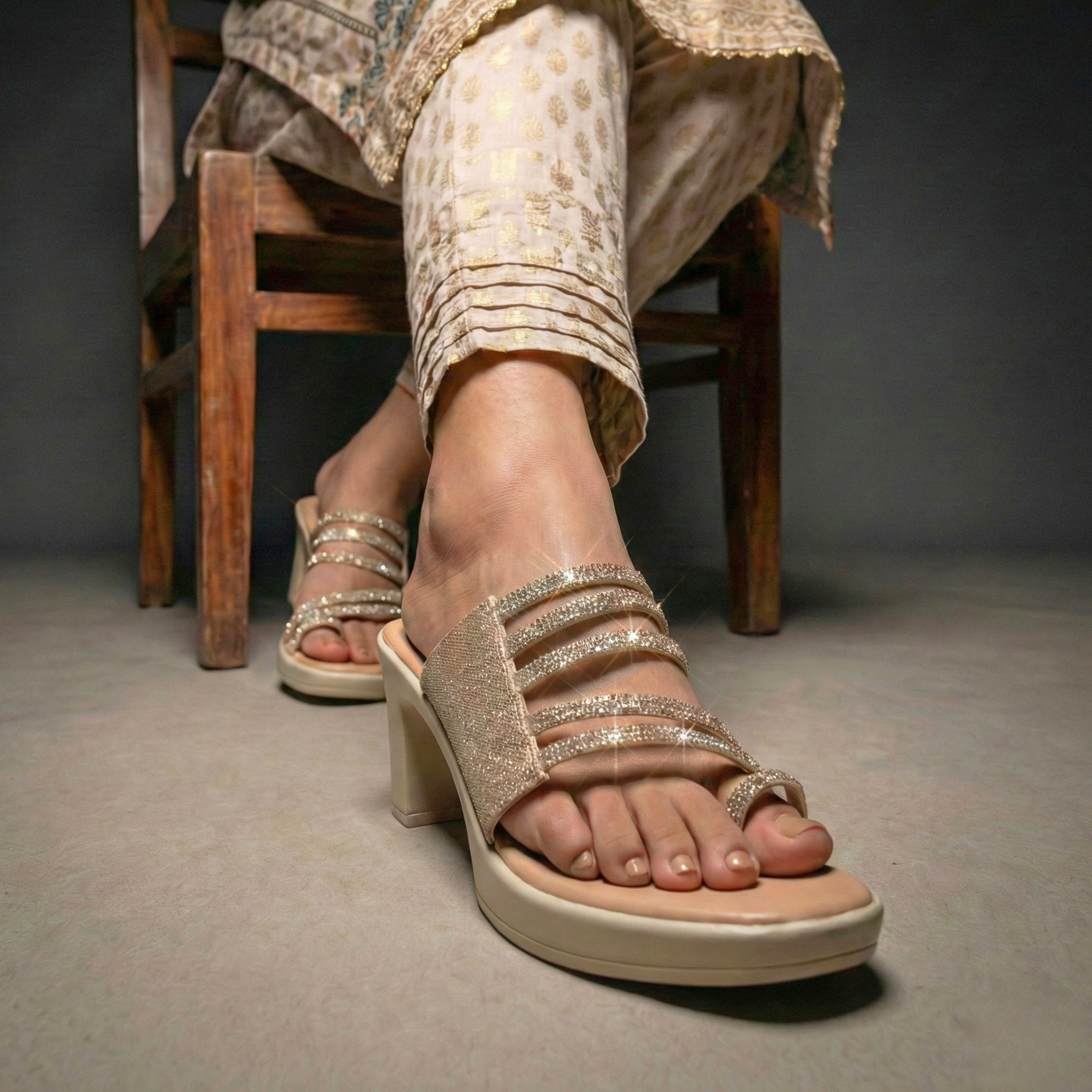 Champagne gold multi-strap rhinestone block heels for Pakistani bridal wedding wear.