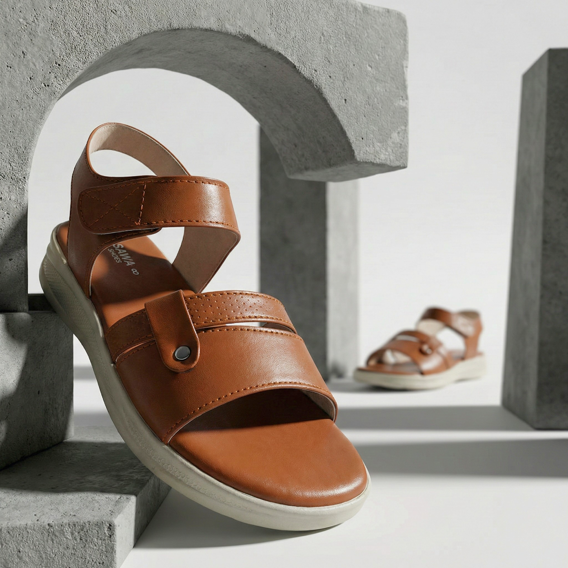 Brown sandal with a white sole on a concrete surface