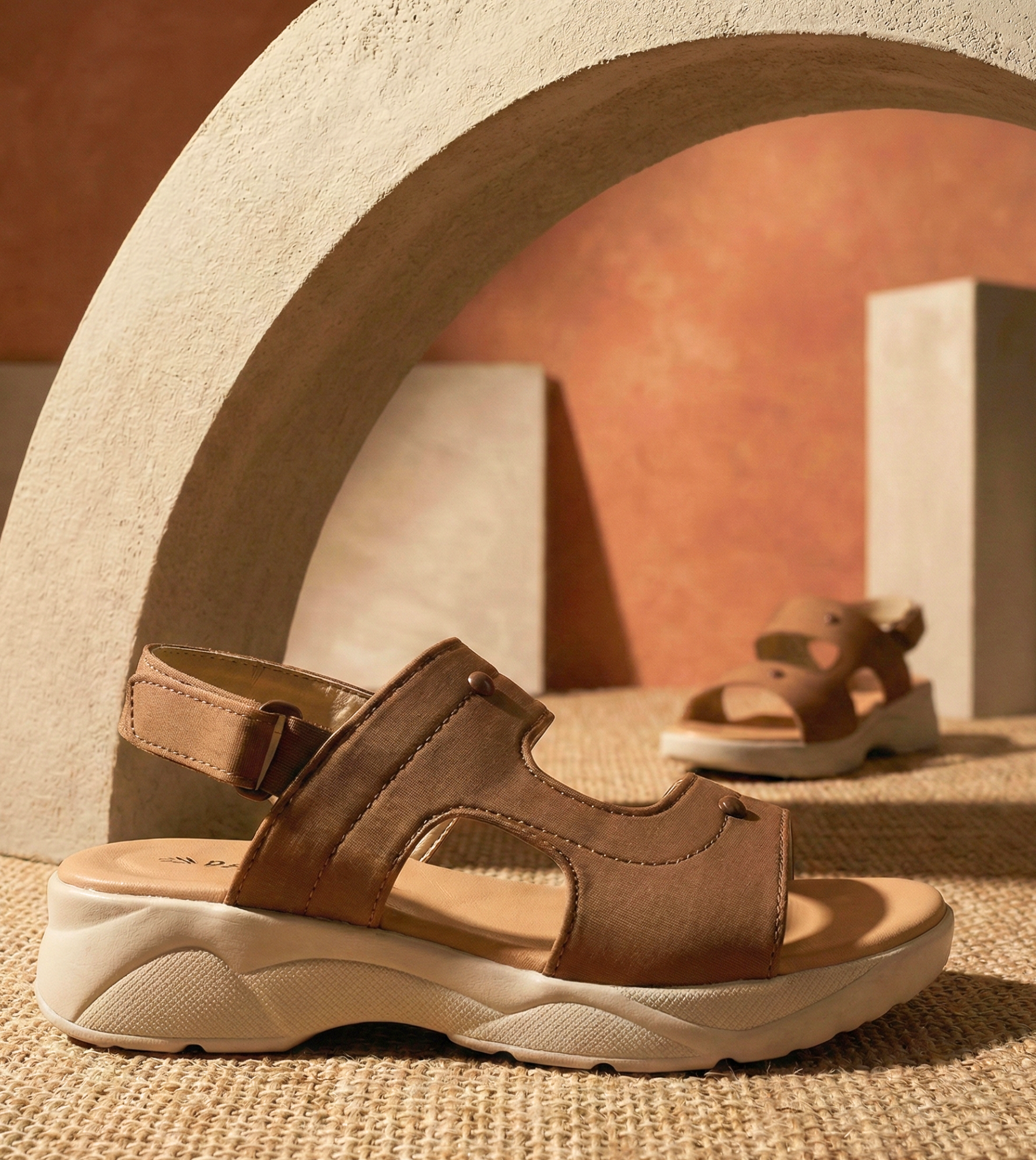 Product photography of SAWA SHOES terracotta chunky sandals against an architectural minimalist background.