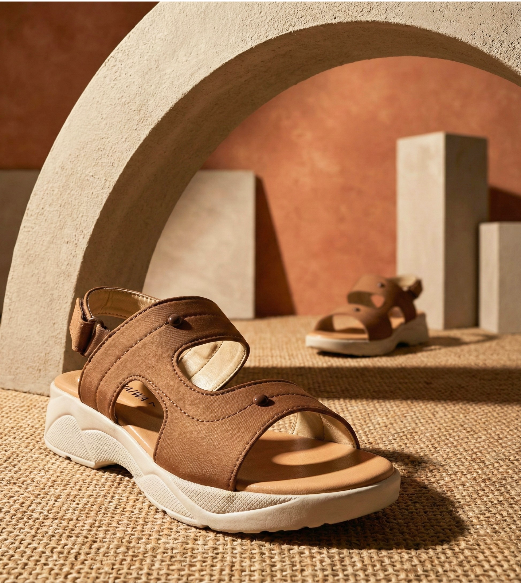 Product photography of SAWA SHOES terracotta chunky sandals against an architectural minimalist background.