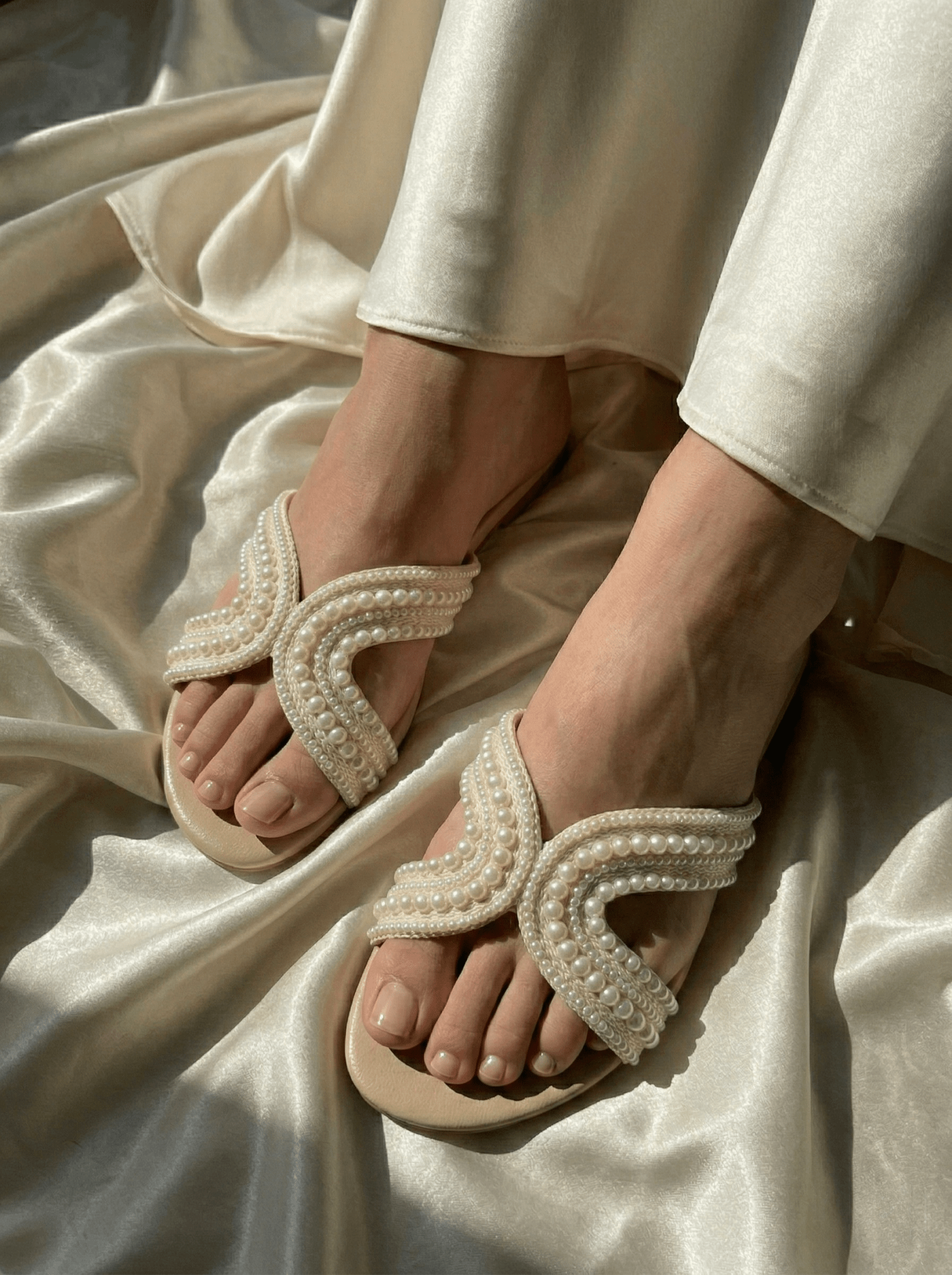 Cream Pearl Slides 628 F - Sawa.pkWomen footwear shoes affordable