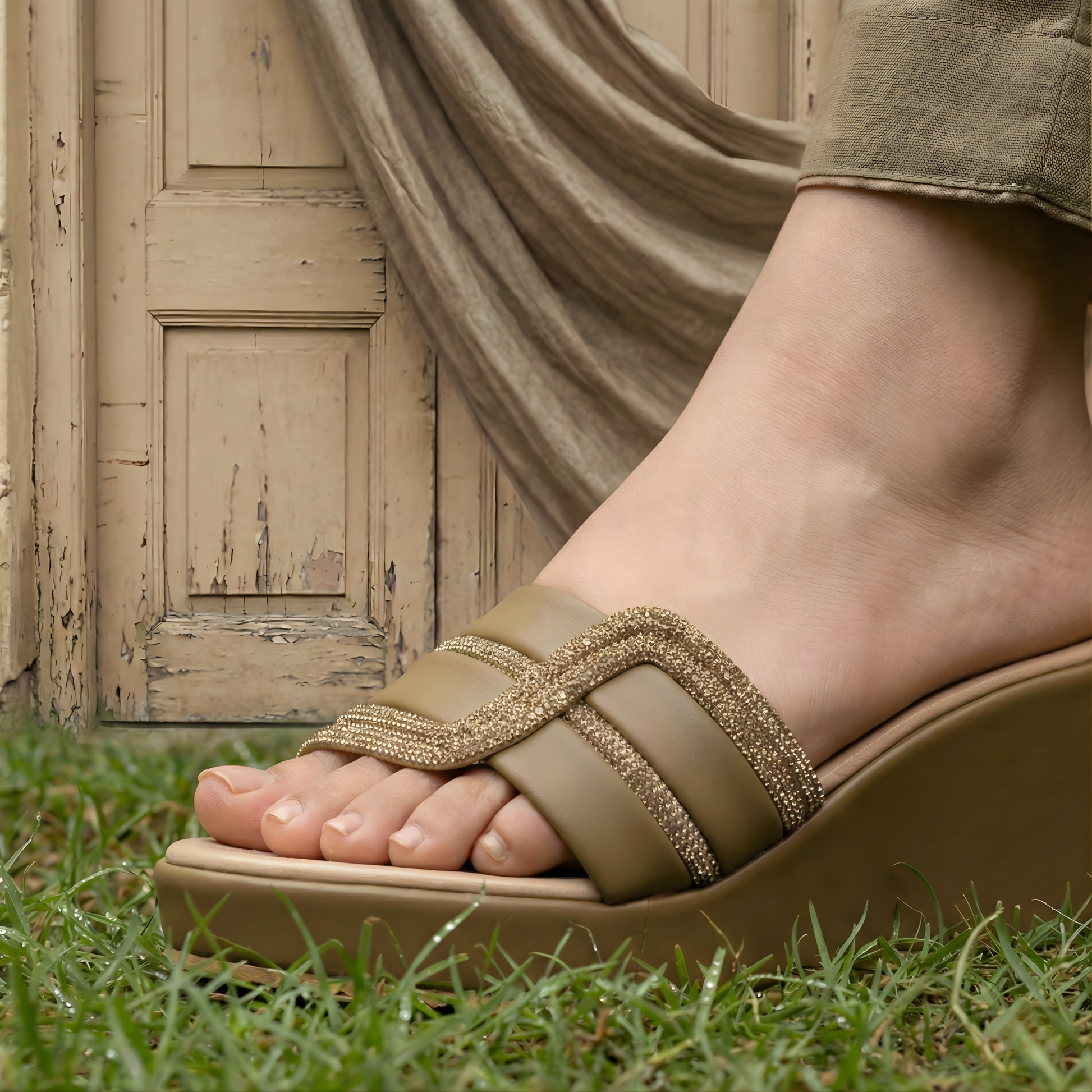 Brown sandal worn on a foot standing on grass with a wooden door in the background