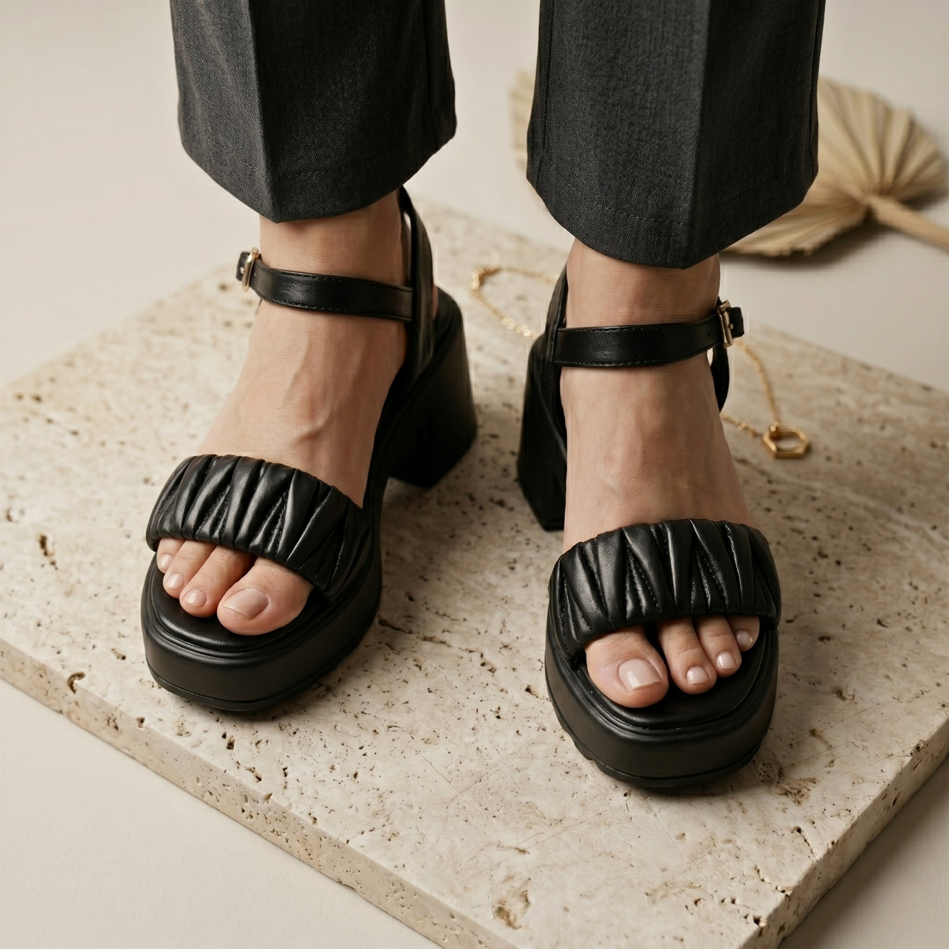 Ruched Platform Buckle Sandals 718 BK