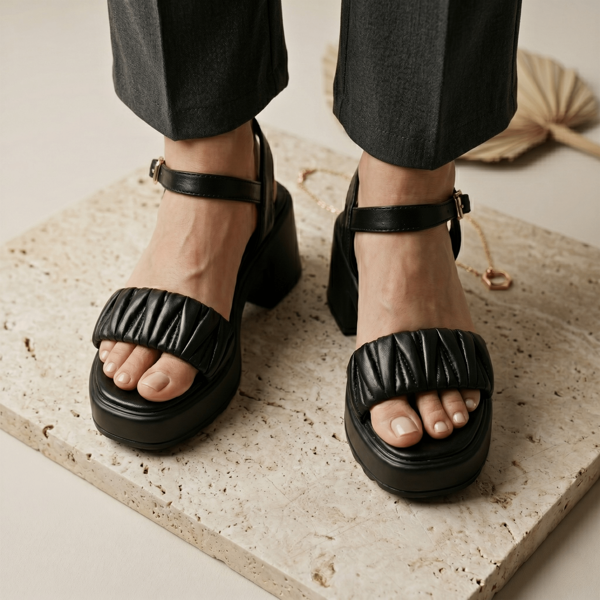 Ruched Platform Buckle Sandals 718 BK - Sawa.pkWomen footwear shoes affordable