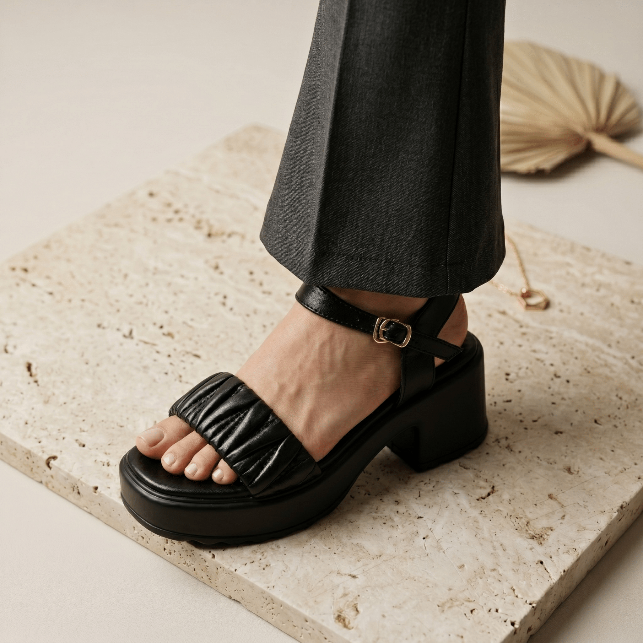 Ruched Platform Buckle Sandals 718 BK - Sawa.pkWomen footwear shoes affordable