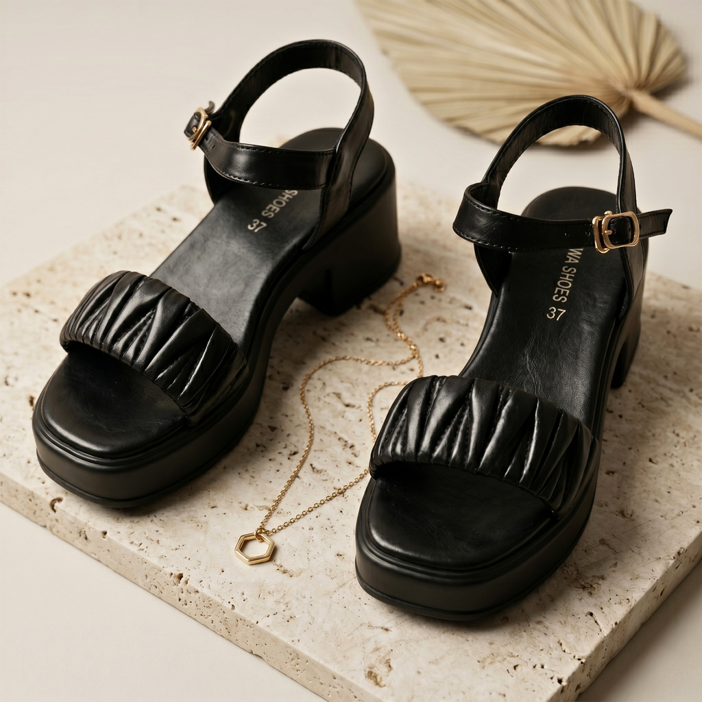 Ruched Platform Buckle Sandals 718 BK