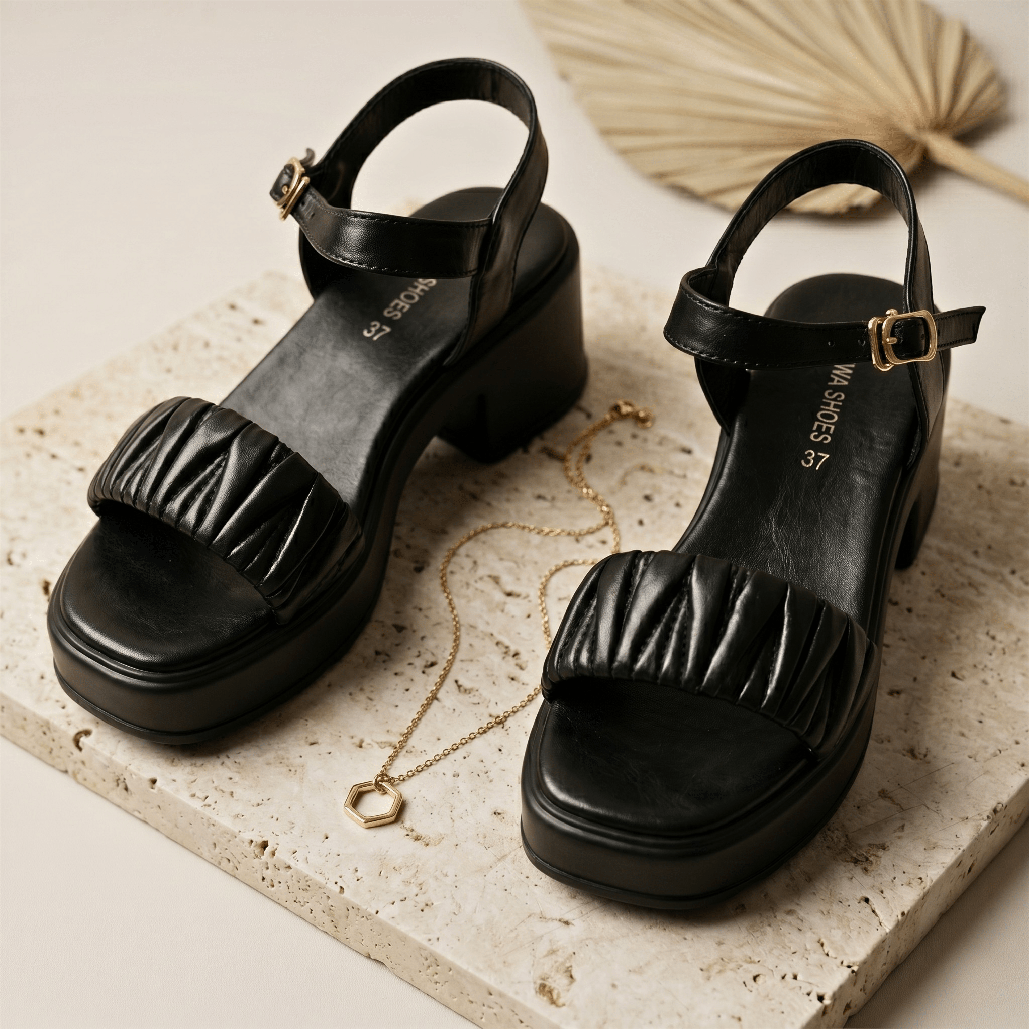 Ruched Platform Buckle Sandals 718 BK - Sawa.pkWomen footwear shoes affordable