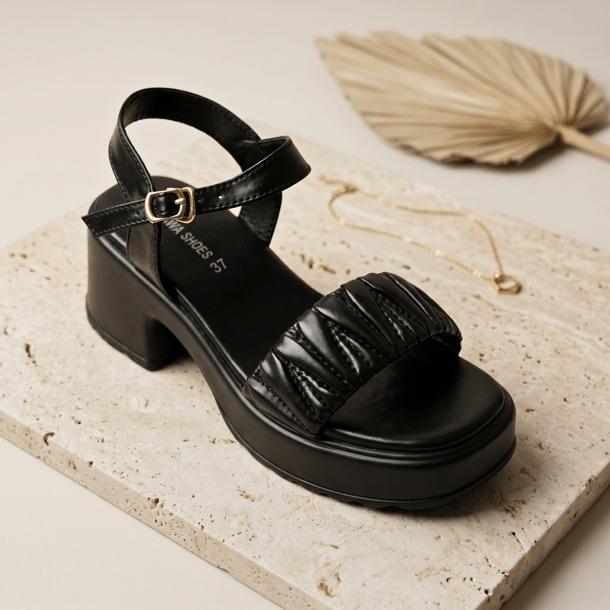 Ruched Platform Buckle Sandals 718 BK - Sawa.pkWomen footwear shoes affordable