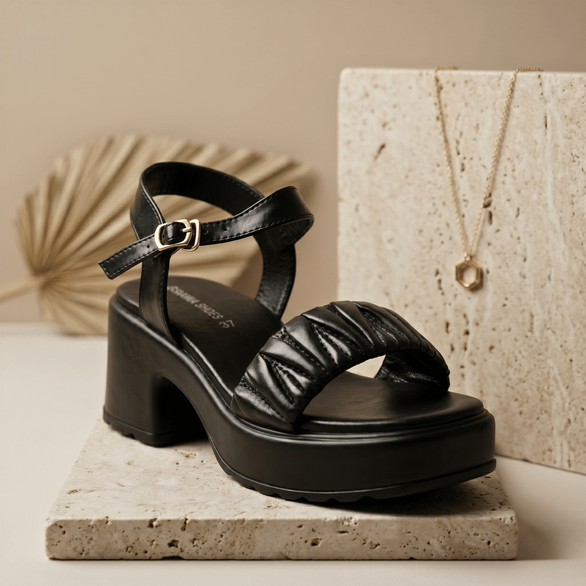 Ruched Platform Buckle Sandals 718 BK - Sawa.pkWomen footwear shoes affordable