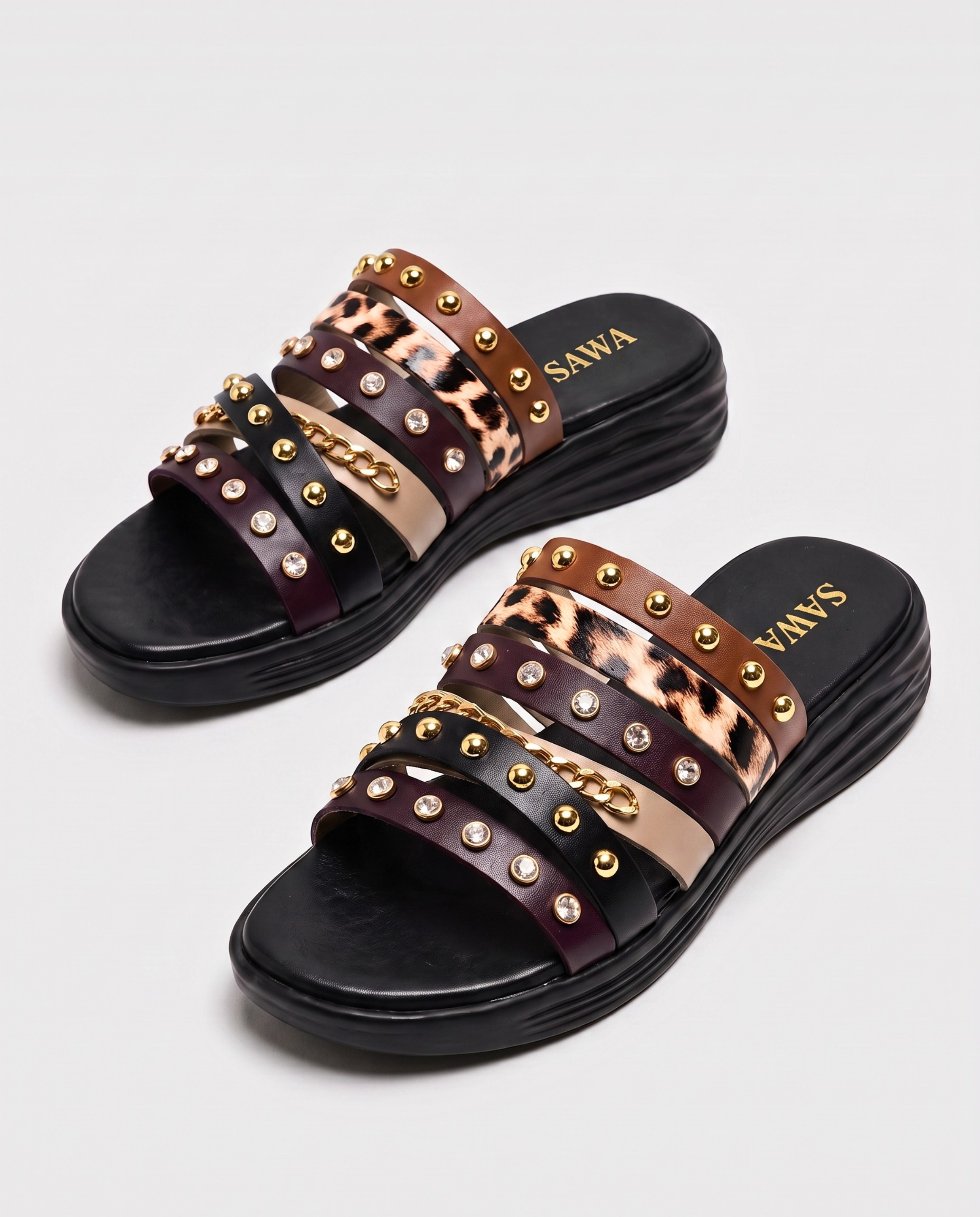 studded leopard strap slides 4010 Bk