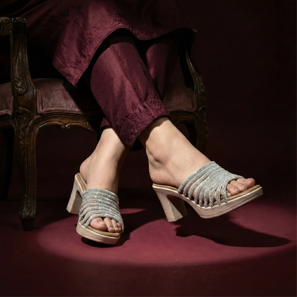SAWA ladies fancy block heel sandals with crystal straps and platform sole