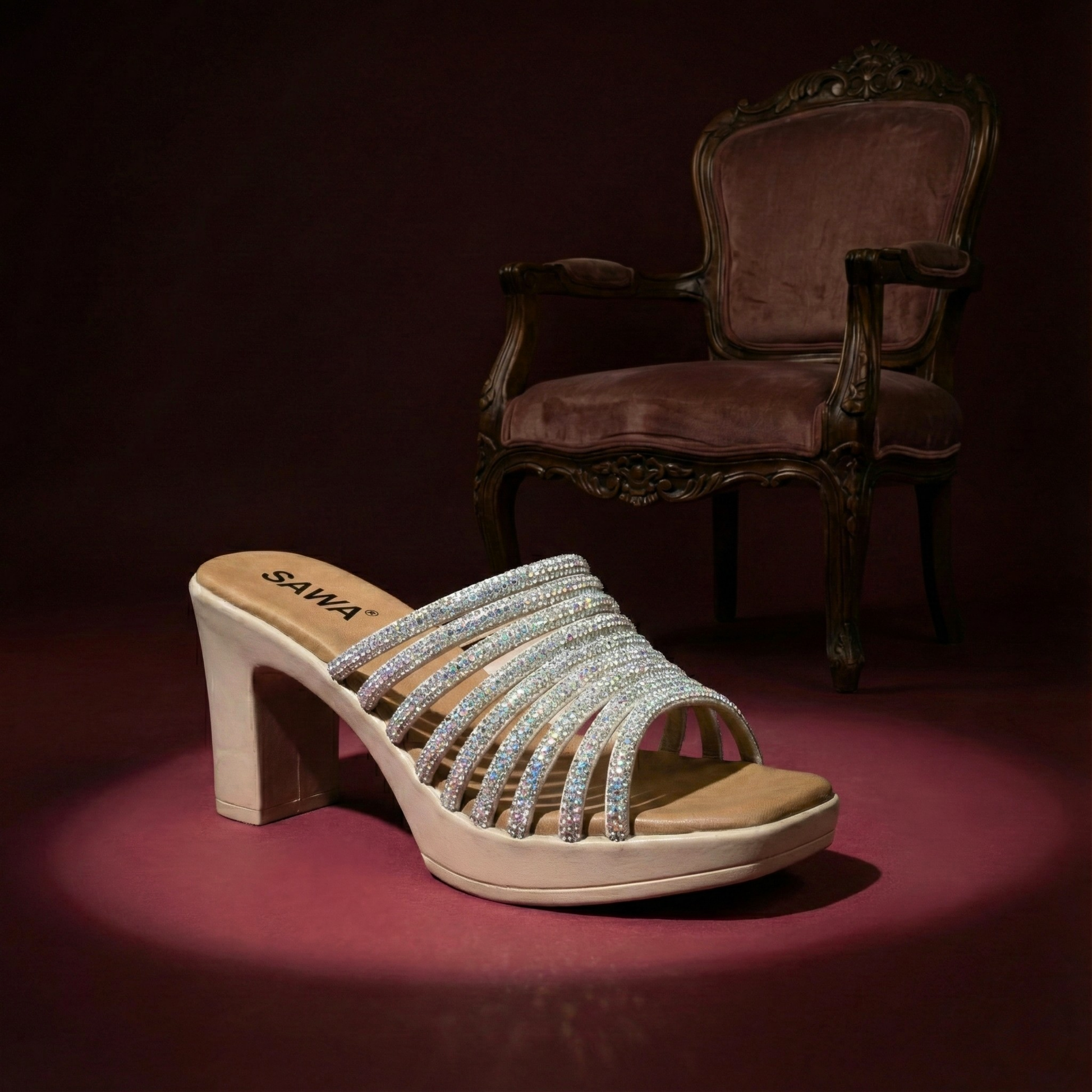 SAWA shoes Glistening Diamond Cascade block heel mules in beige, featuring multiple glistening rhinestone straps