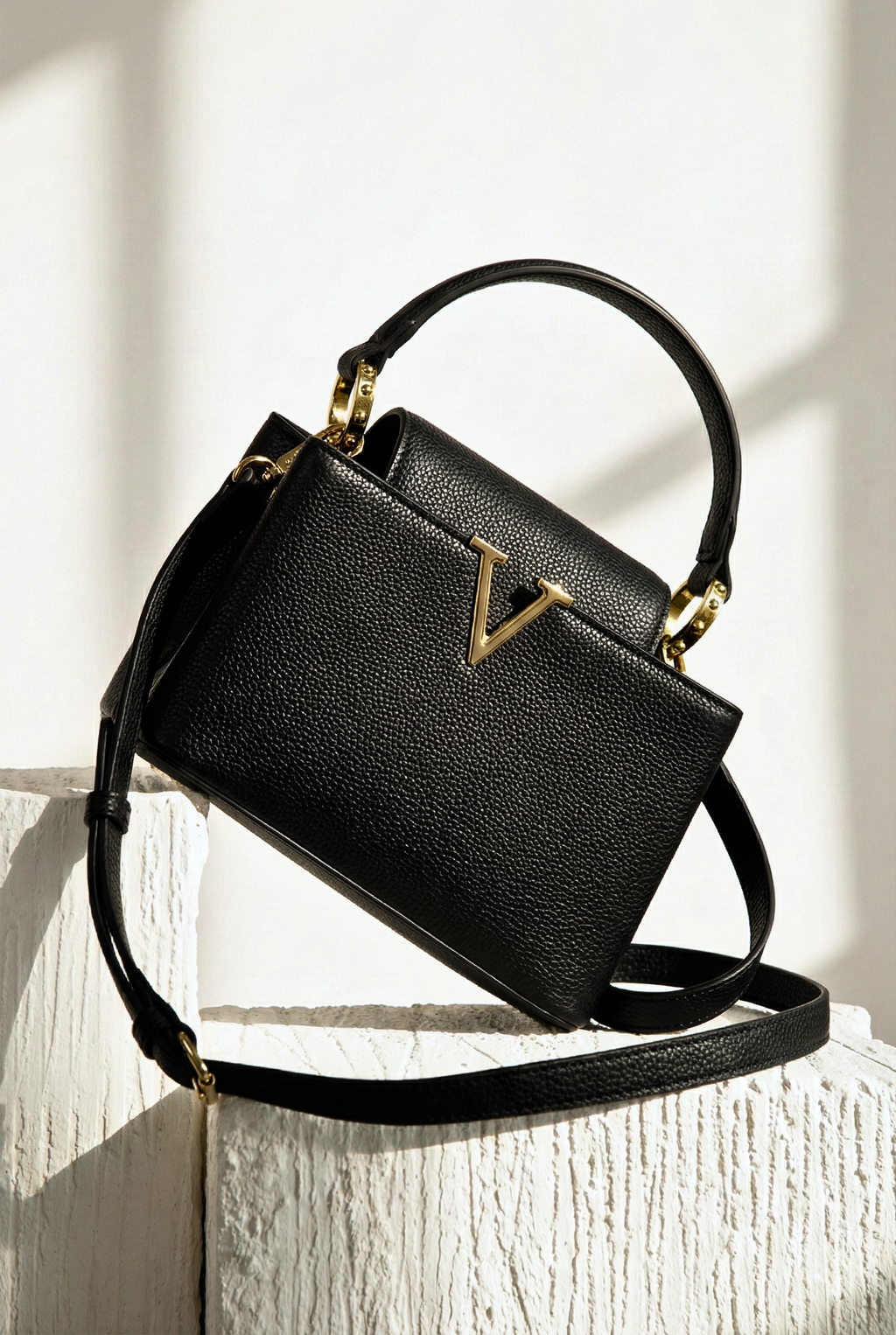 Black handbag with gold accents on a light wooden surface