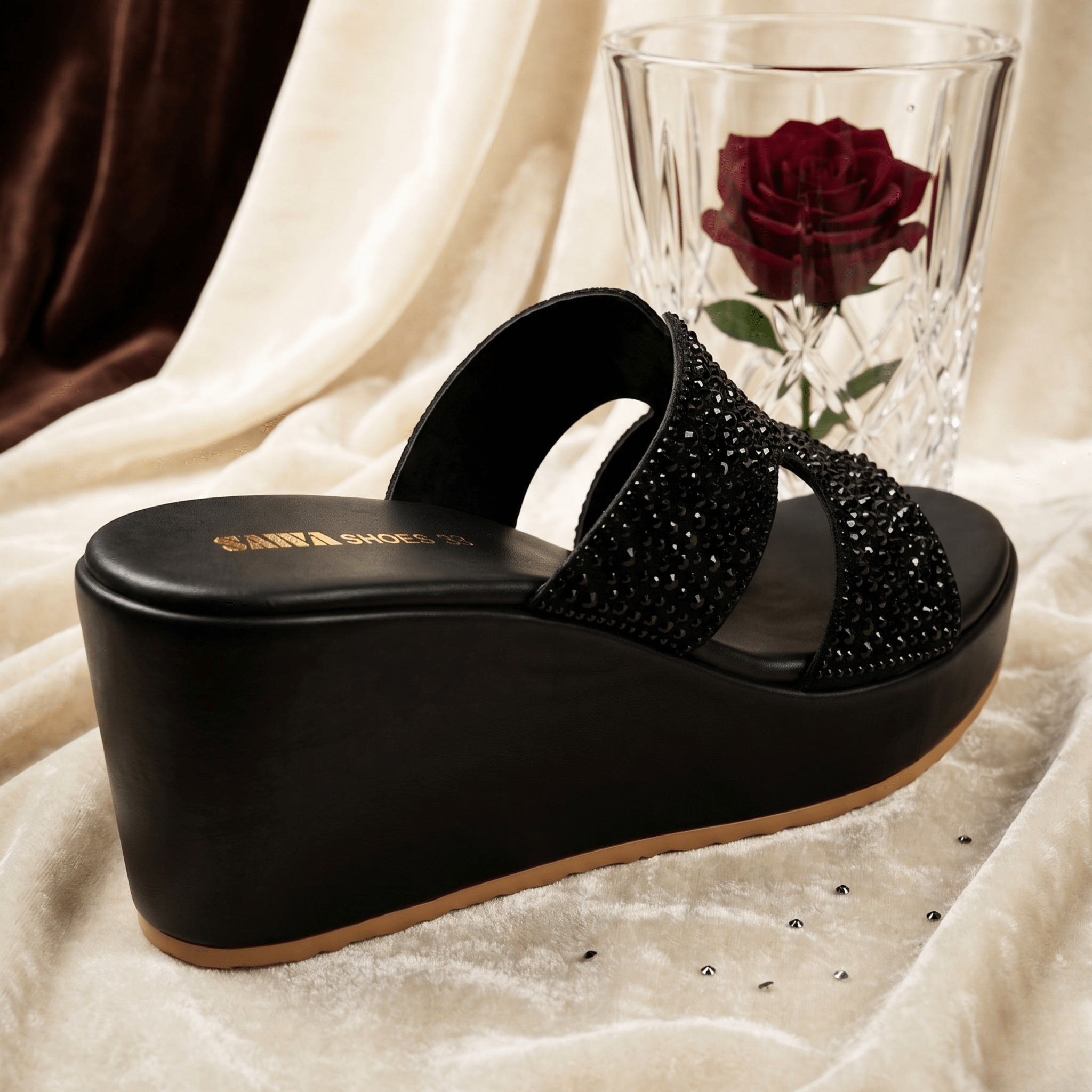 Midnight Shimmer Platform Wedges 706 bk - Sawa.pkWomen footwear shoes affordable