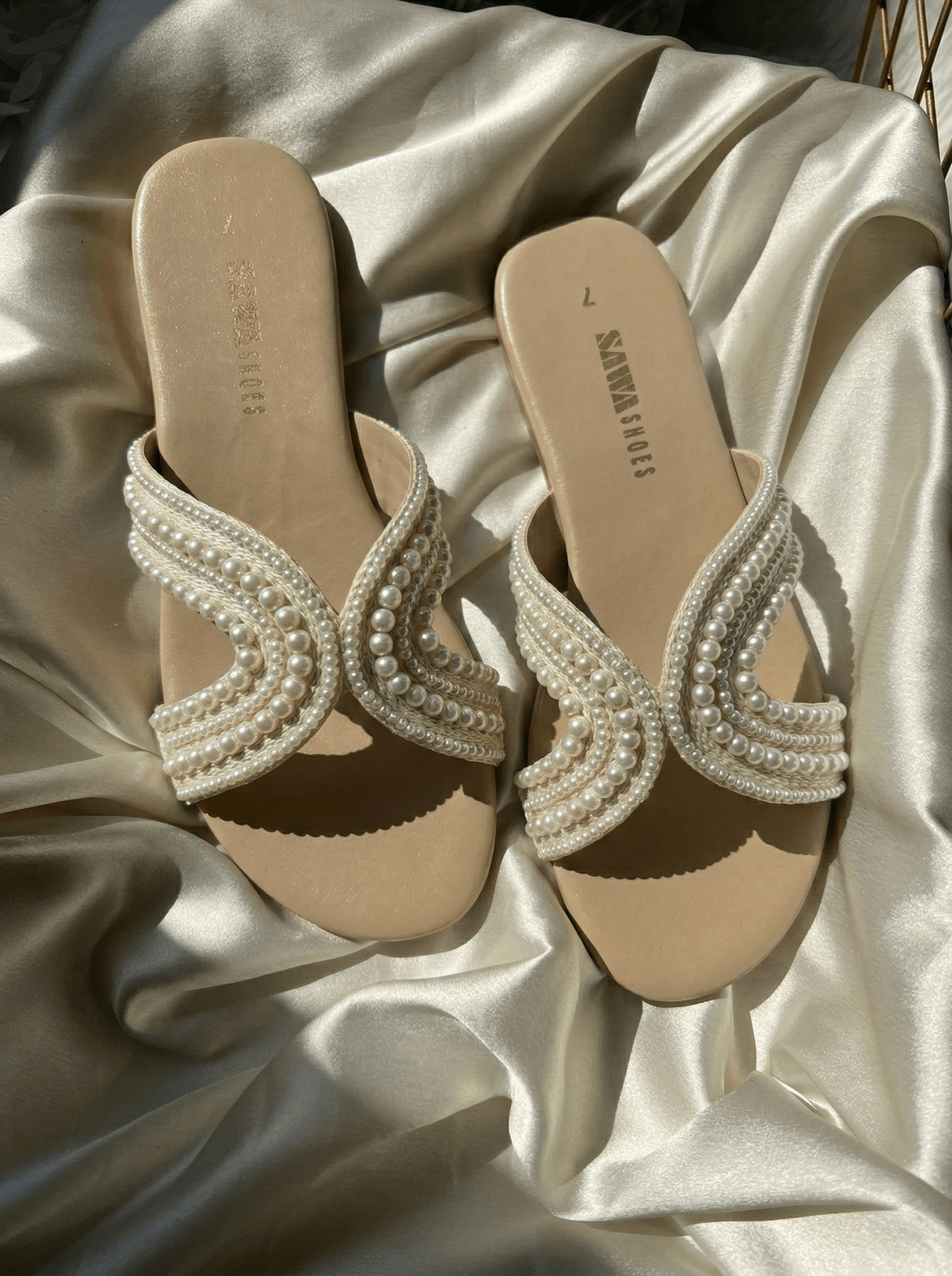 Cream Pearl Slides 628 F - Sawa.pkWomen footwear shoes affordable