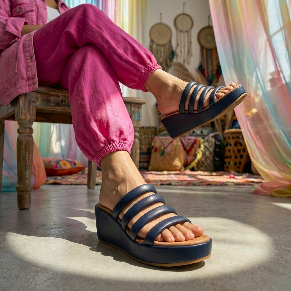Woman wearing pink linen pants and navy blue cushioned wedge sandals in a boho-style room