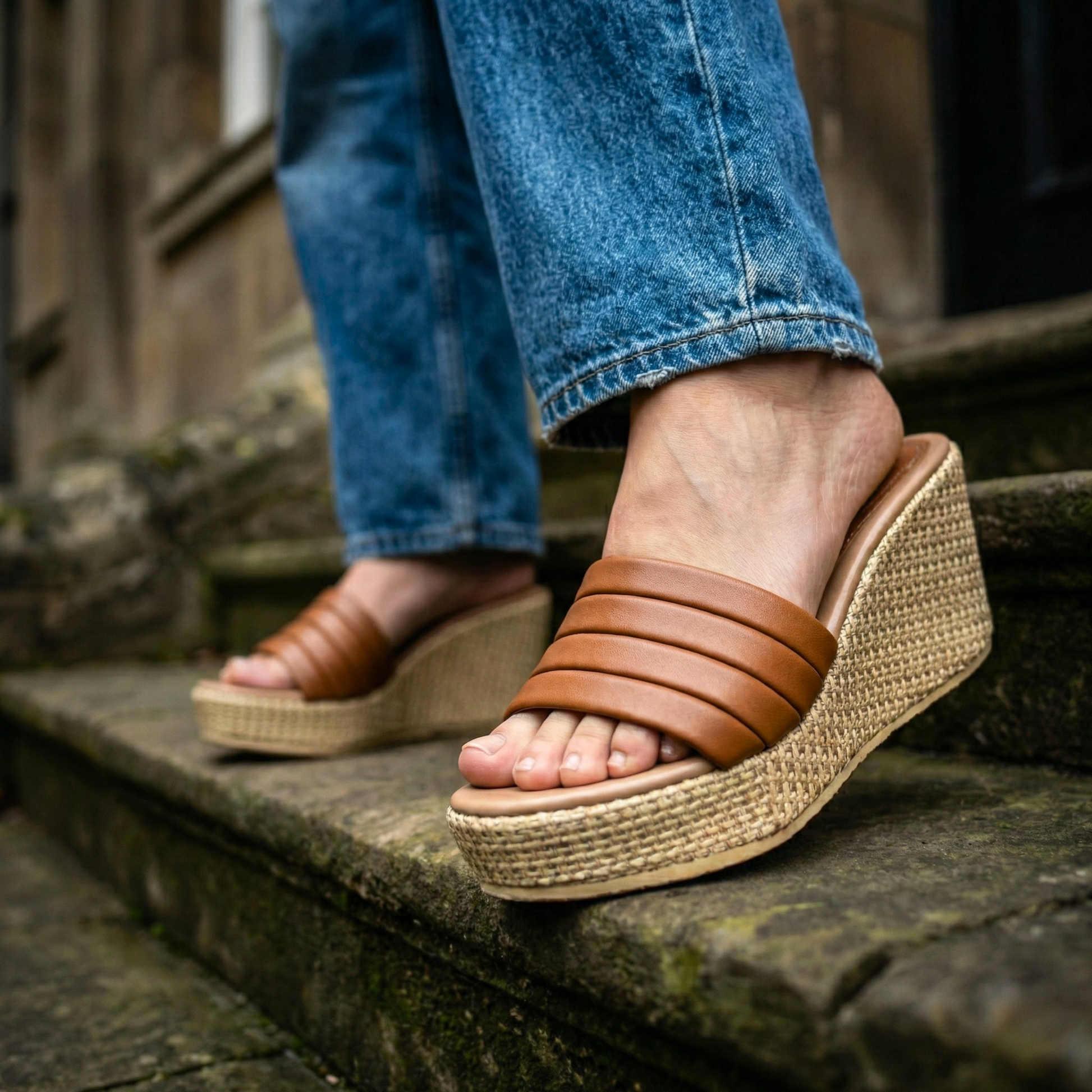 Tan-strappy-wedges-with-woven-platform-heel-for-women-Pakistan