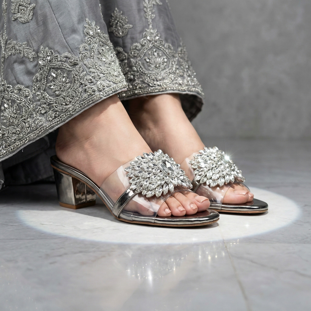 Side view of a person wearing silver block-heel mules with a clear PVC strap and large crystal floral embellishment paired with an embroidered silver dress