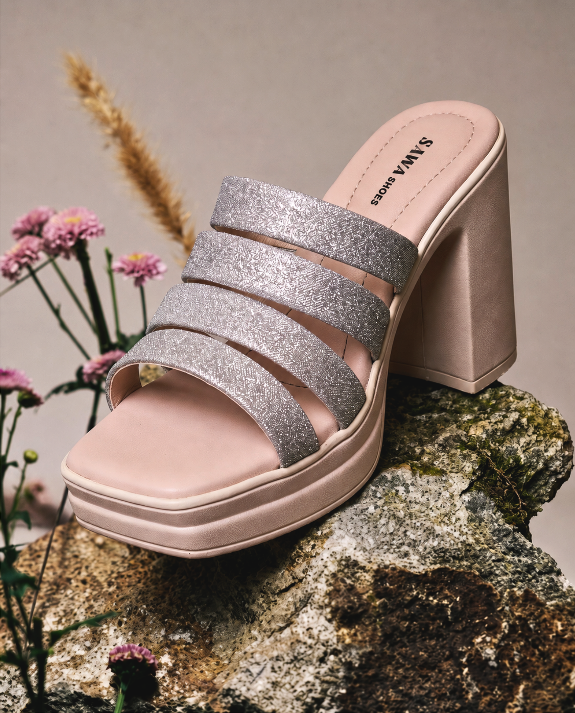Silver Sparkle Block Heels B-10