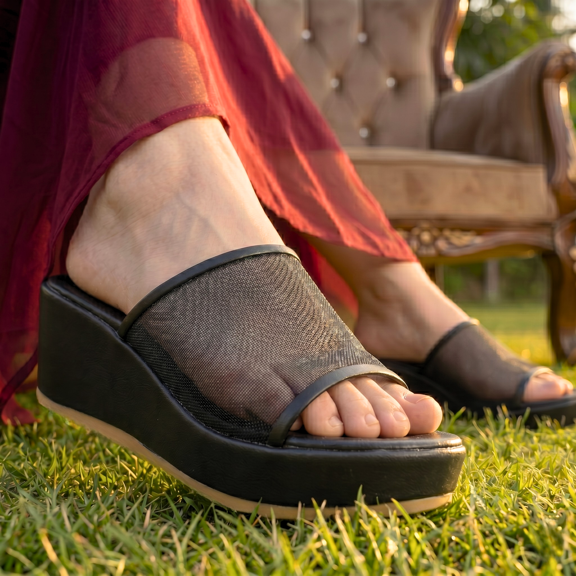 Mesh Strap Wedge Sandals 700bk