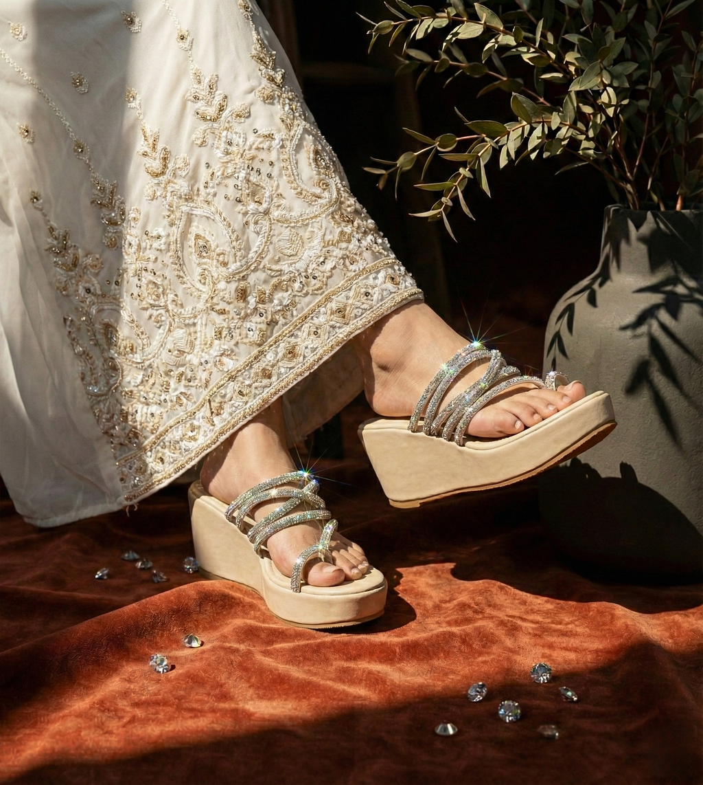Beige bridal wedges paired with a designer Pakistani sharara dress, perfect for Mehndi or Walima ceremonies.