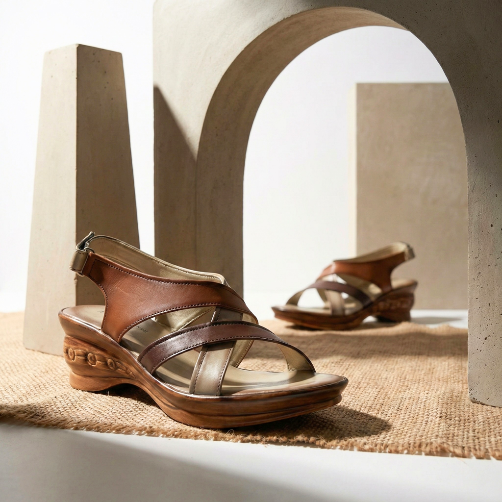 Close-up of adjustable brass buckle and earthy-toned leather straps on a vintage-style platform wedge shoe.