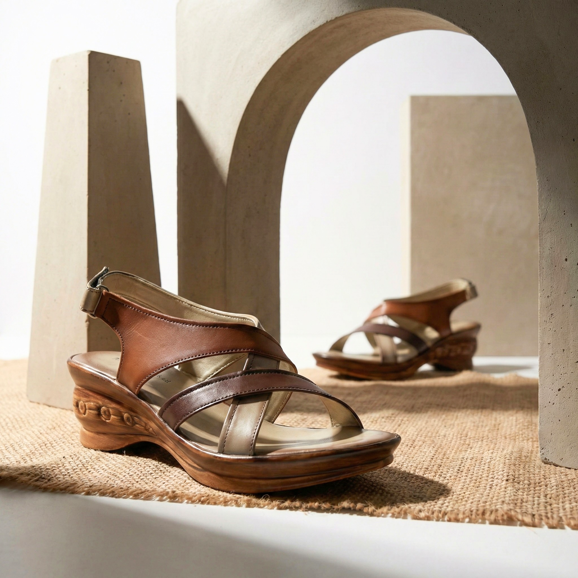 Close-up of adjustable brass buckle and earthy-toned leather straps on a vintage-style platform wedge shoe.