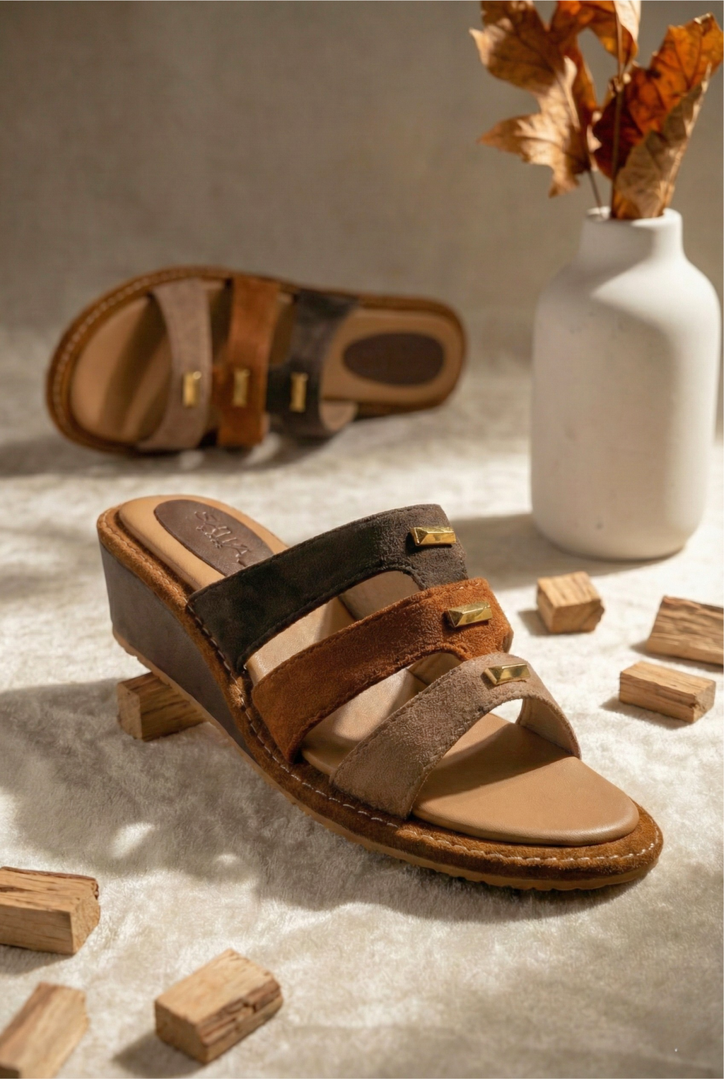 Brown tri-color suede wedge sandals for women with gold studs on a neutral aesthetic background - Sawa.pk footwear.