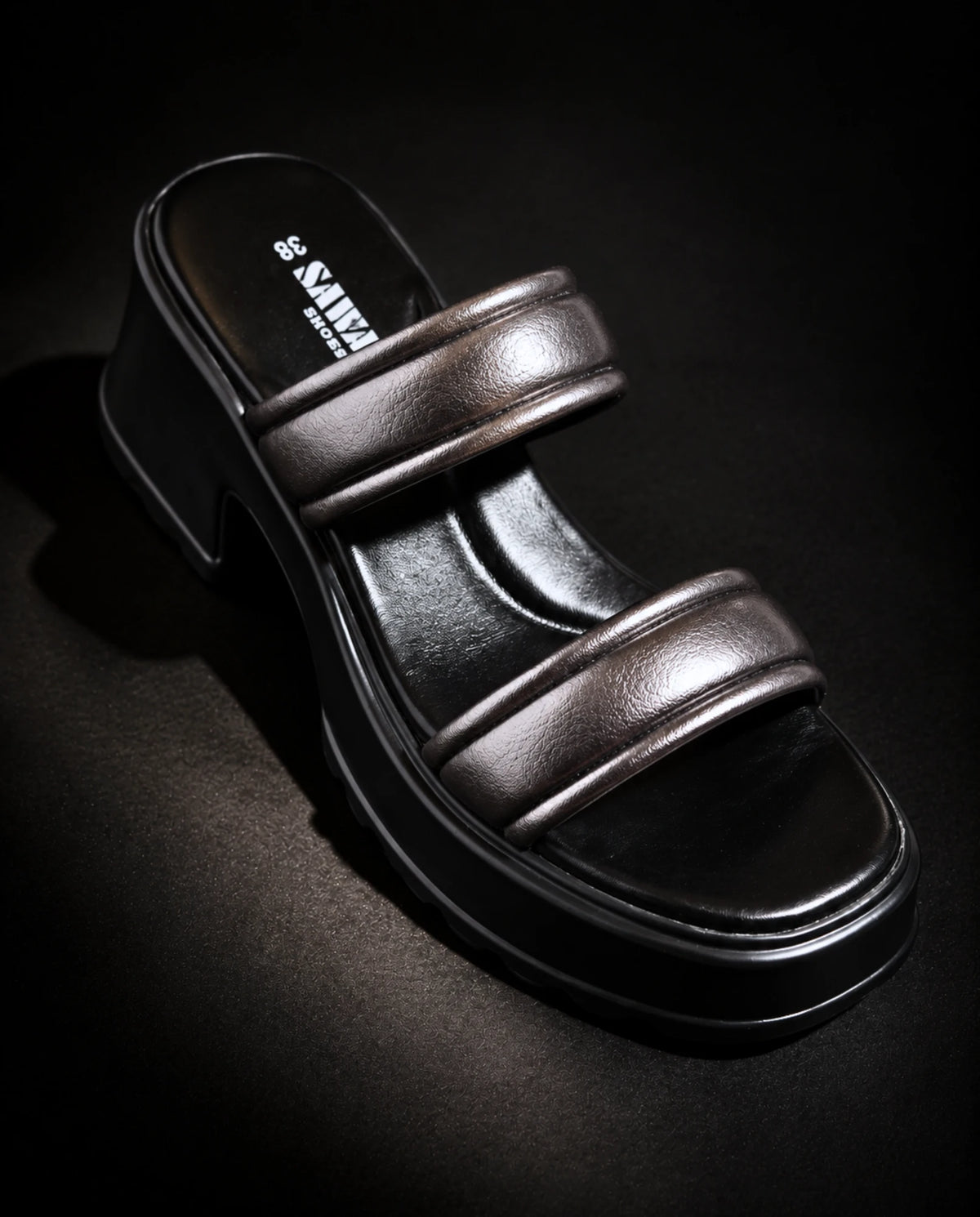 SAWA B40 BK gunmetal padded block heel slide, angled view
