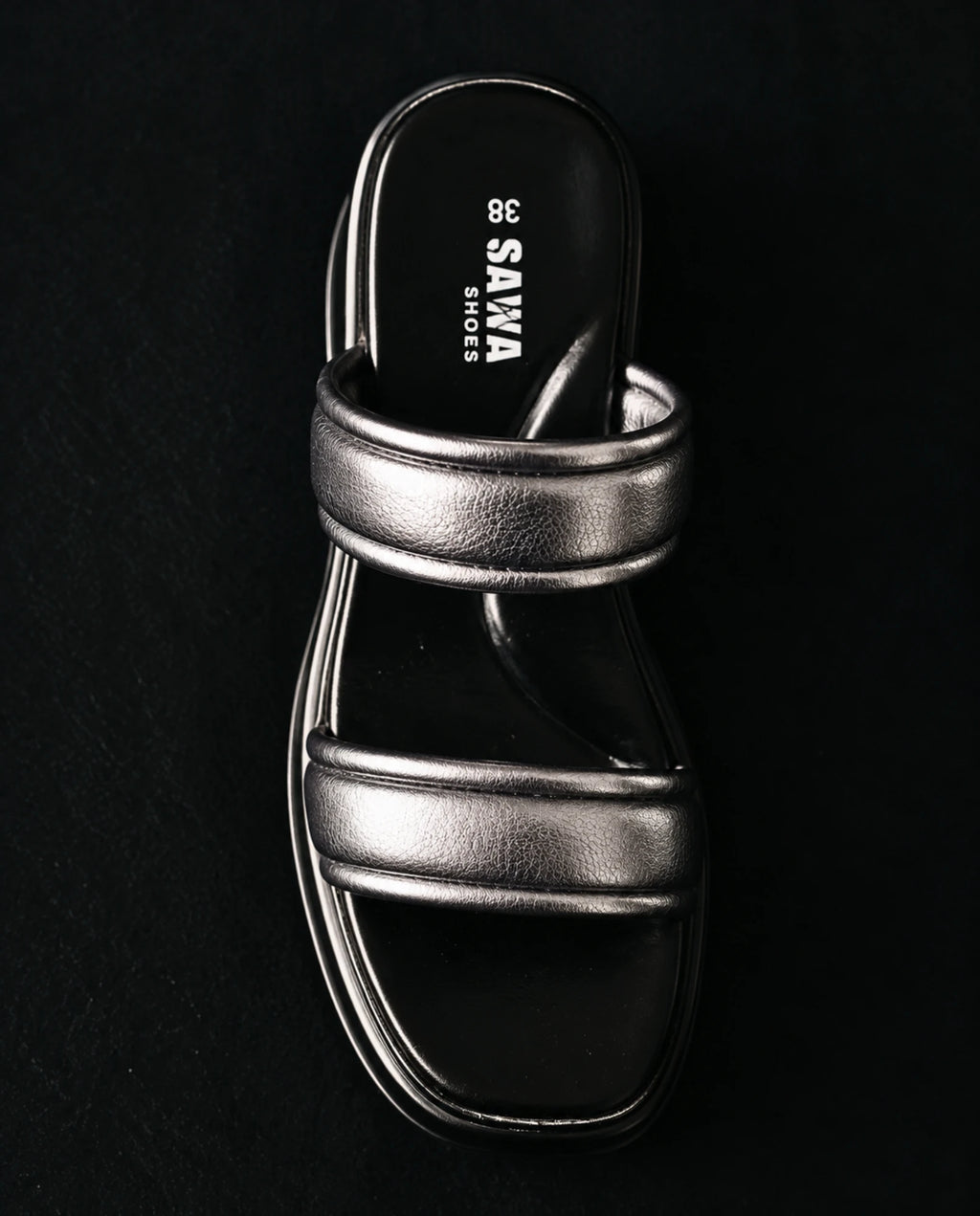 Top view of B40 BK slide with padded metallic straps and SAWA footbed
