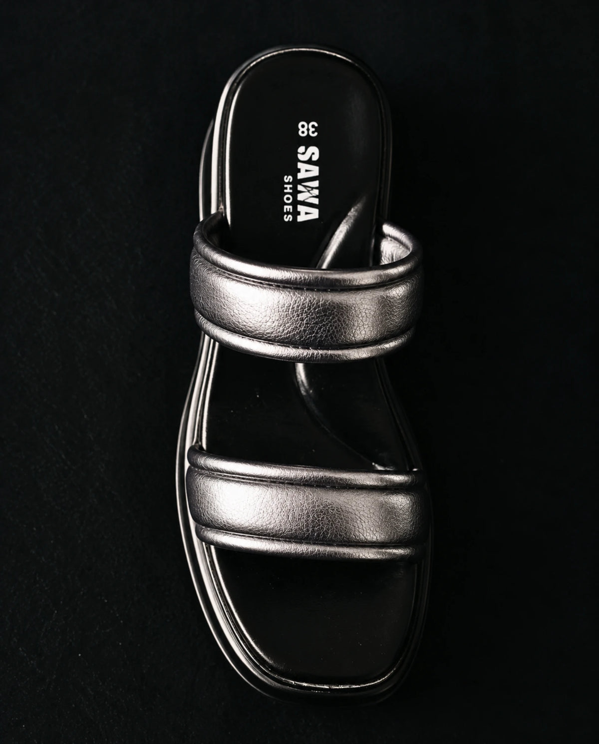 Top view of B40 BK slide with padded metallic straps and SAWA footbed