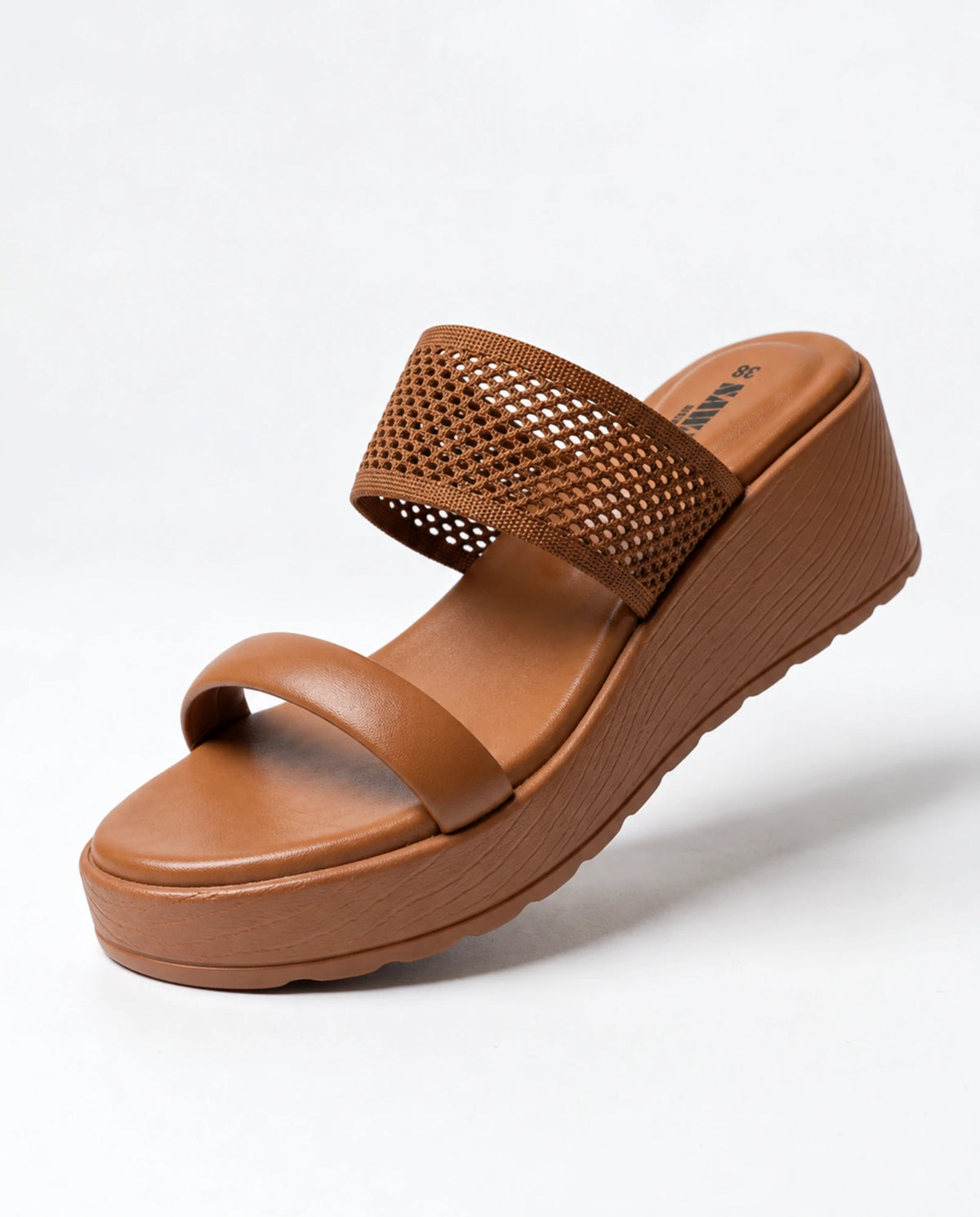 SAWA B48 BR tan knit mesh wedge slide, angled view